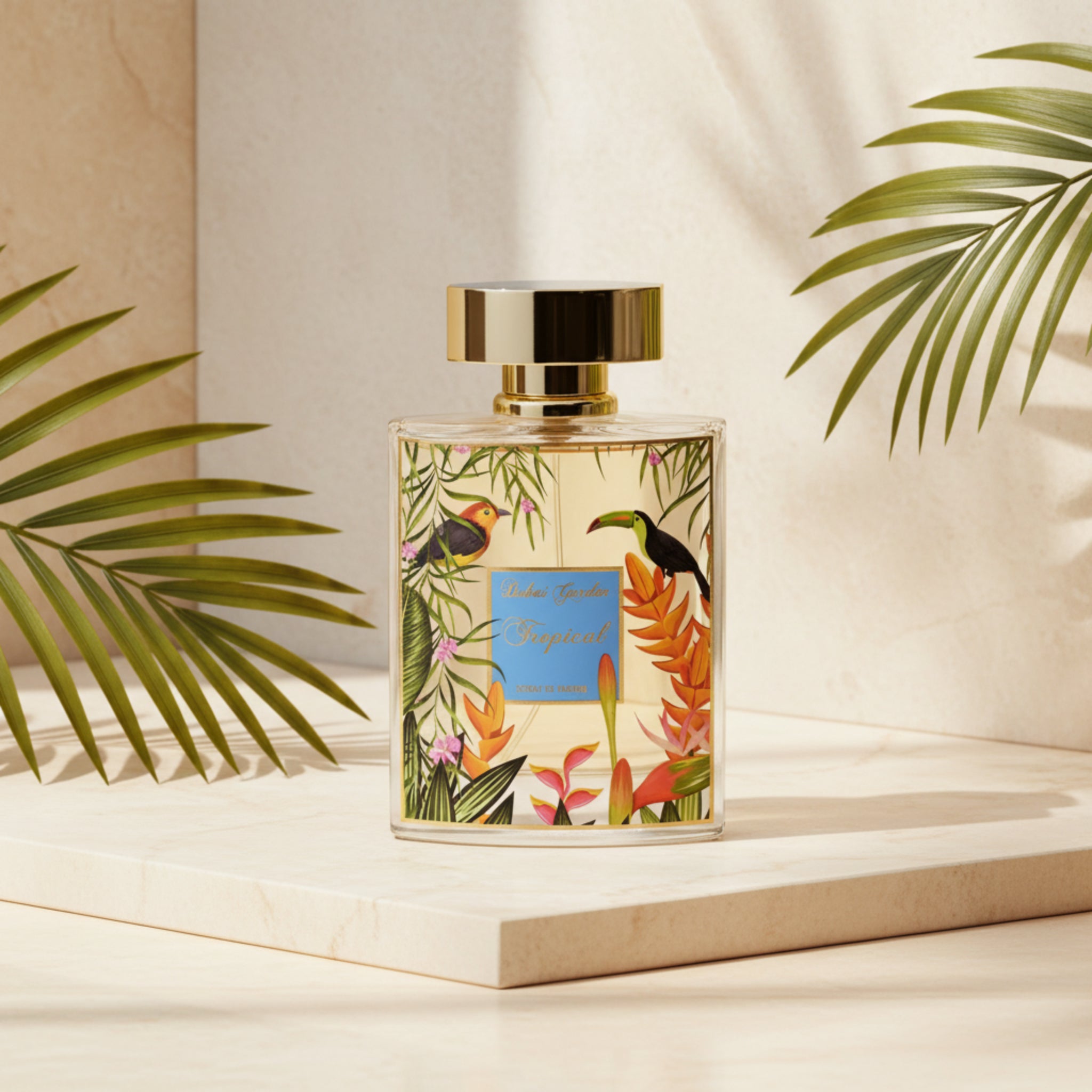 Perfume bottle with tropical design on a light background