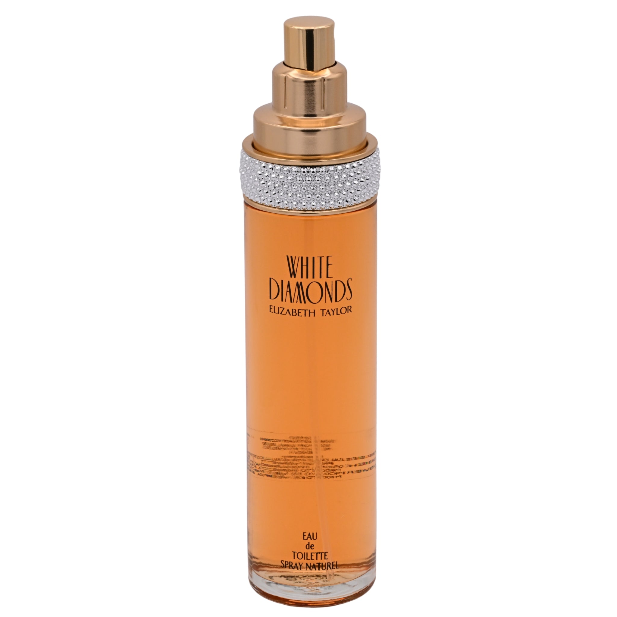 Orange perfume bottle with gold and silver cap on a white background