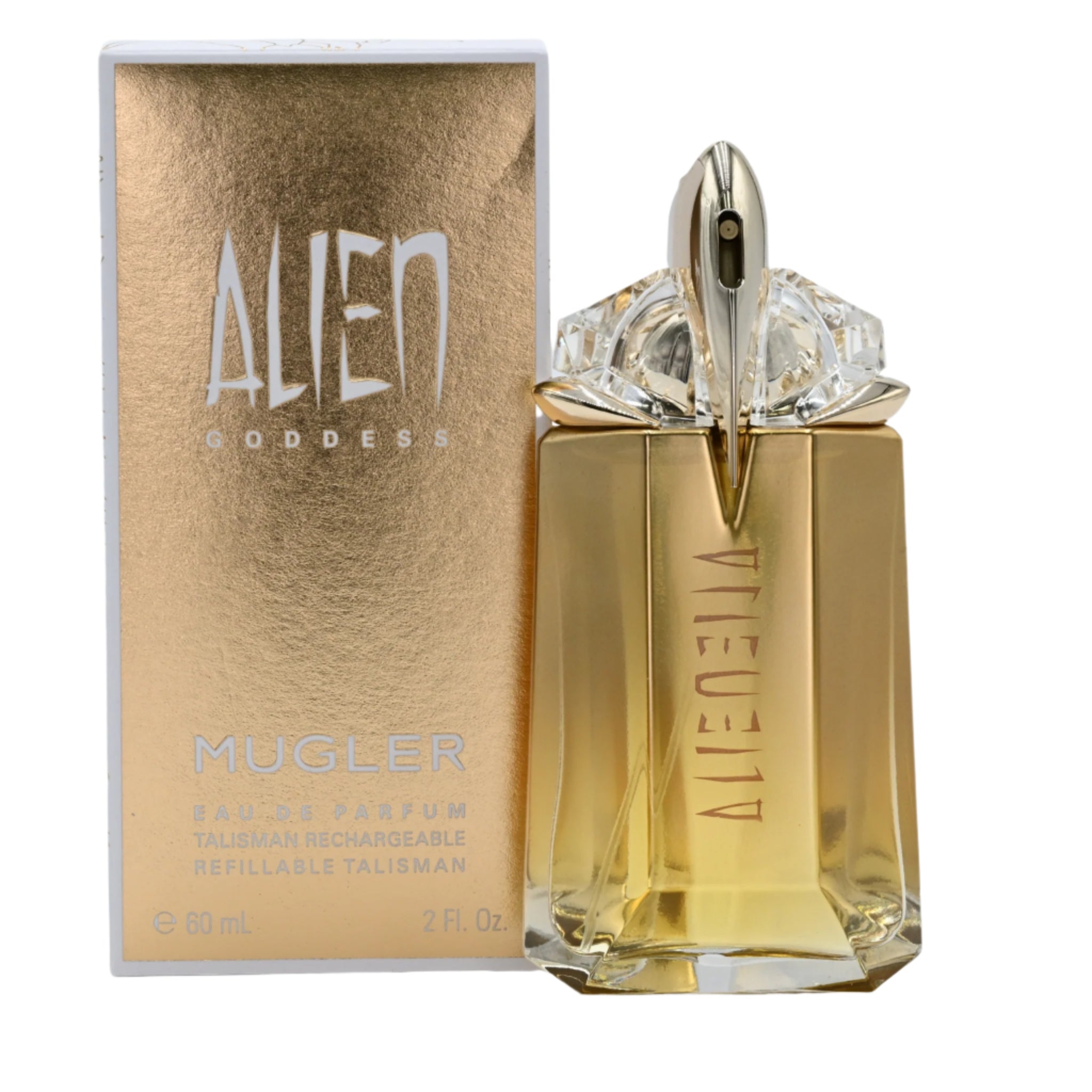 Mugler Alien Goddess perfume bottle and packaging on a white background
