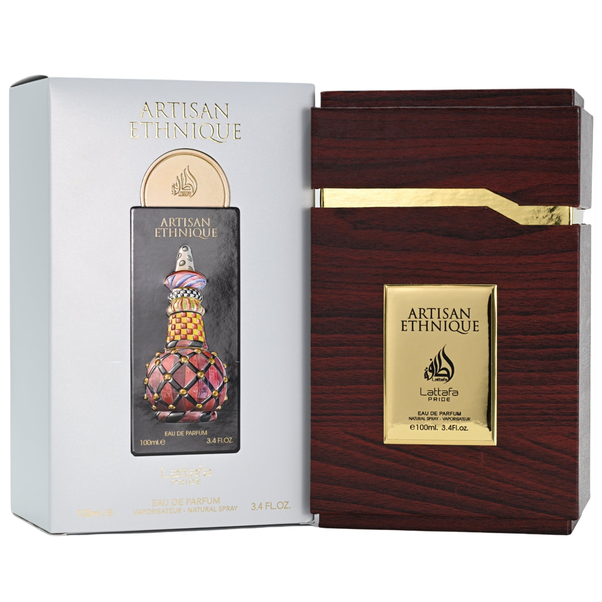 Artisan Ethiqué perfume bottle with wooden design and gold accents, alongside its packaging.