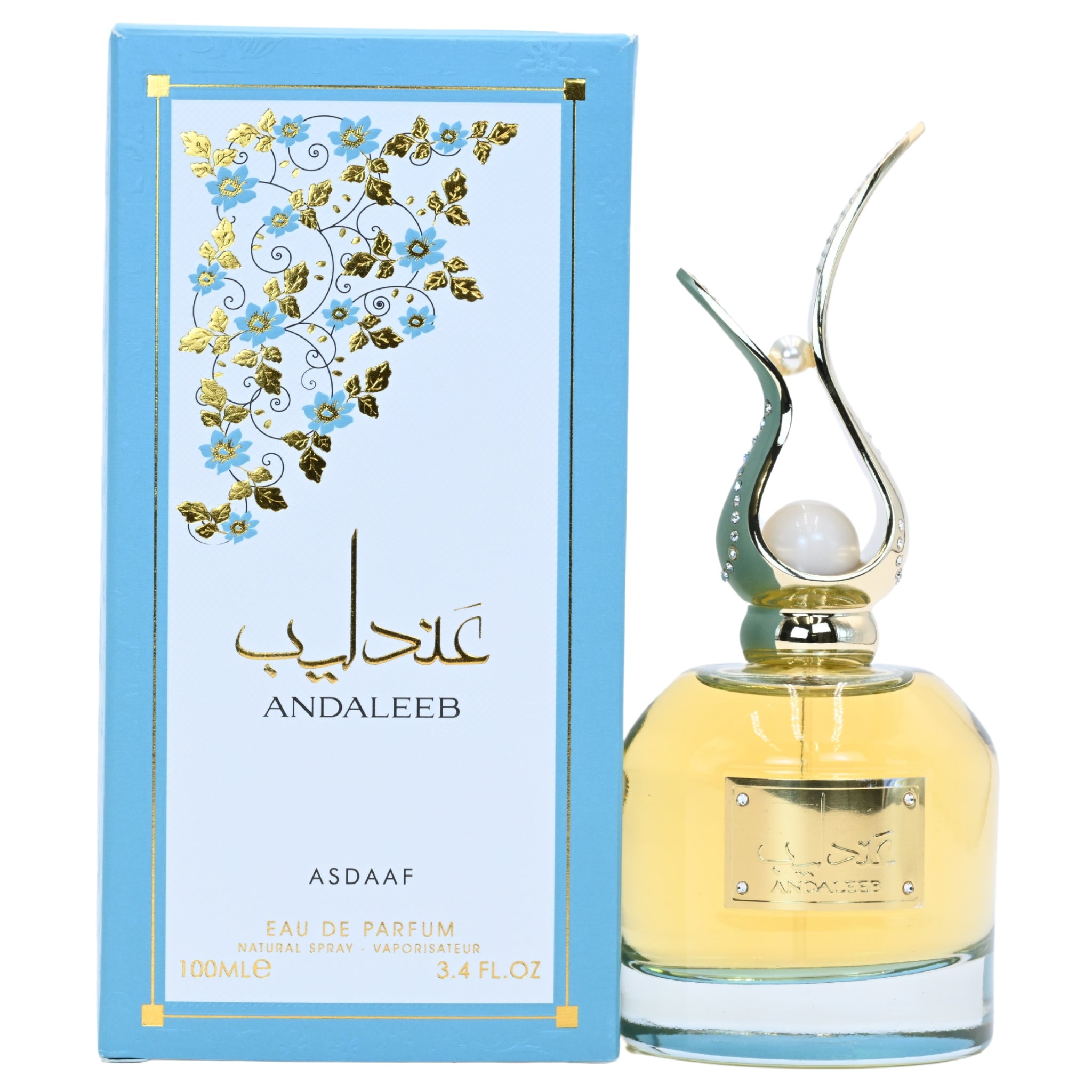 Andaleeb Asdaaf Eau de Parfum bottle and packaging with floral design on a white background