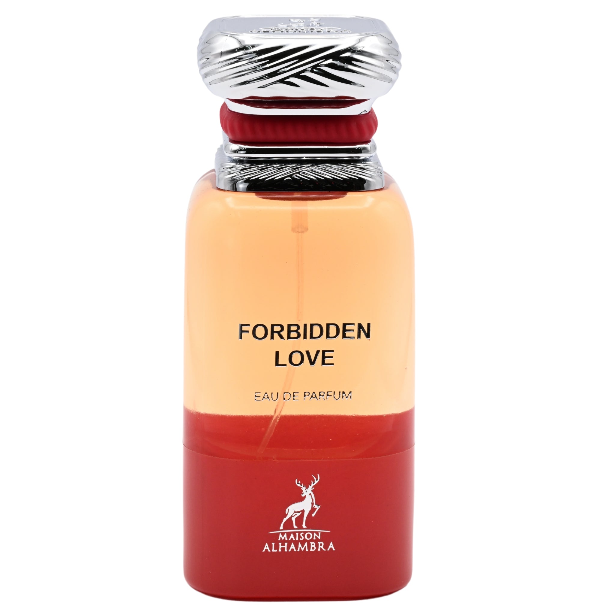 Perfume bottle labeled 'Forbidden Love' by Maison Alhambra on a white background