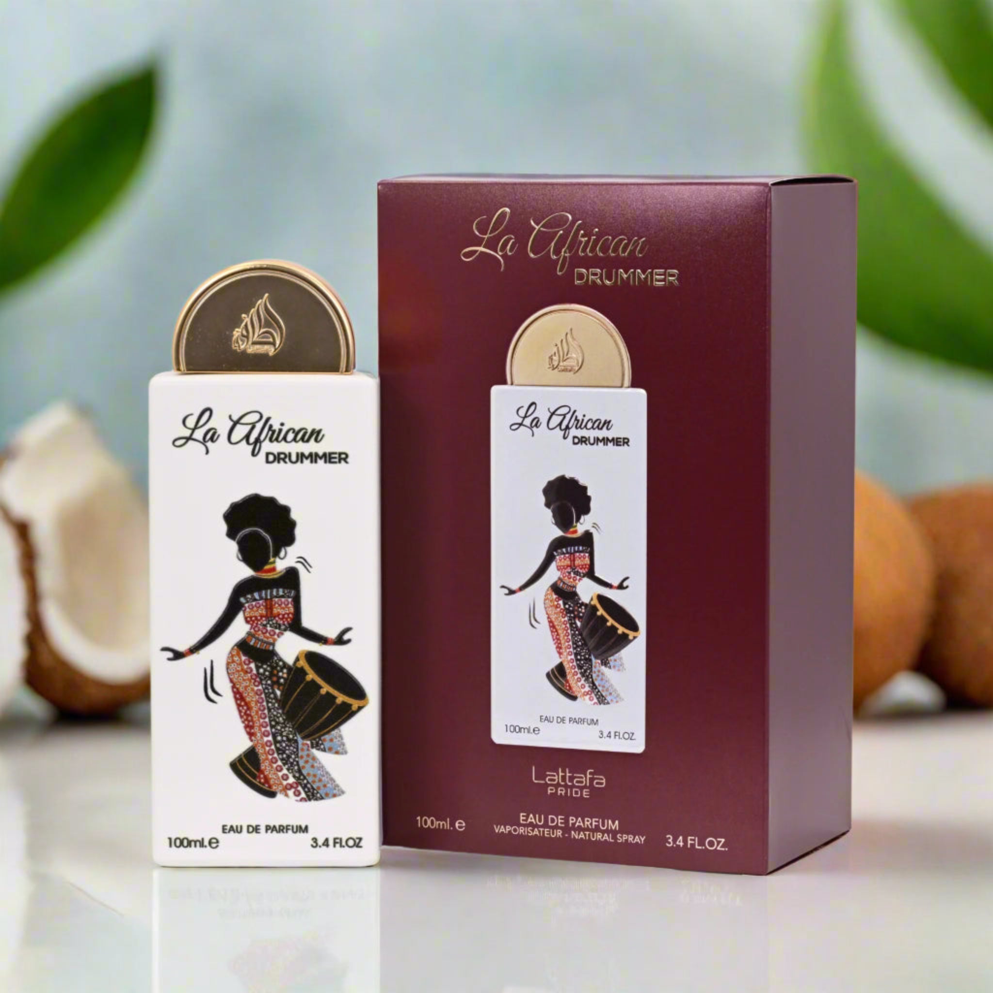 La African Drummer perfume bottle and packaging on a neutral background