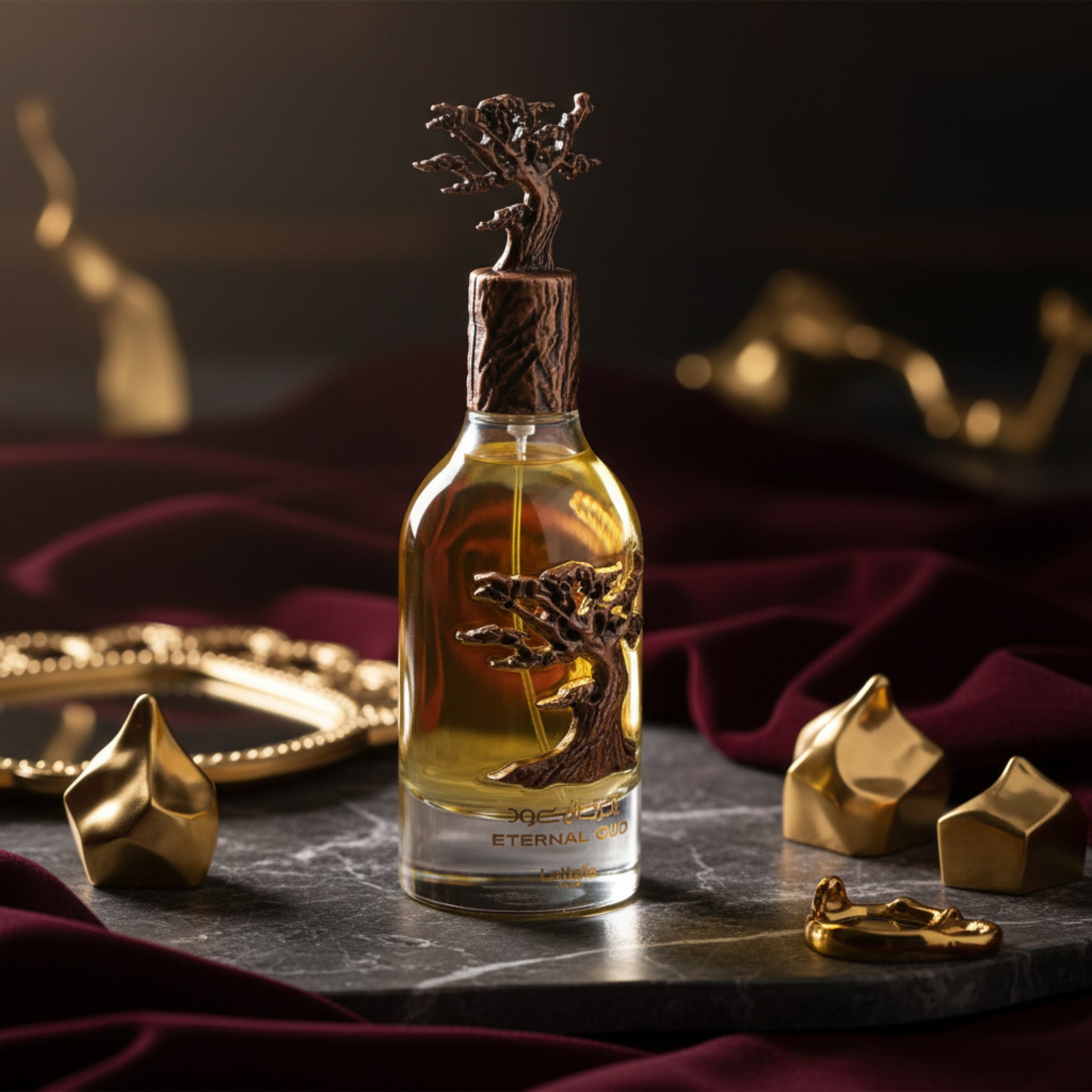 Bottle of 'Eternal Oil' with decorative tree design on a white background