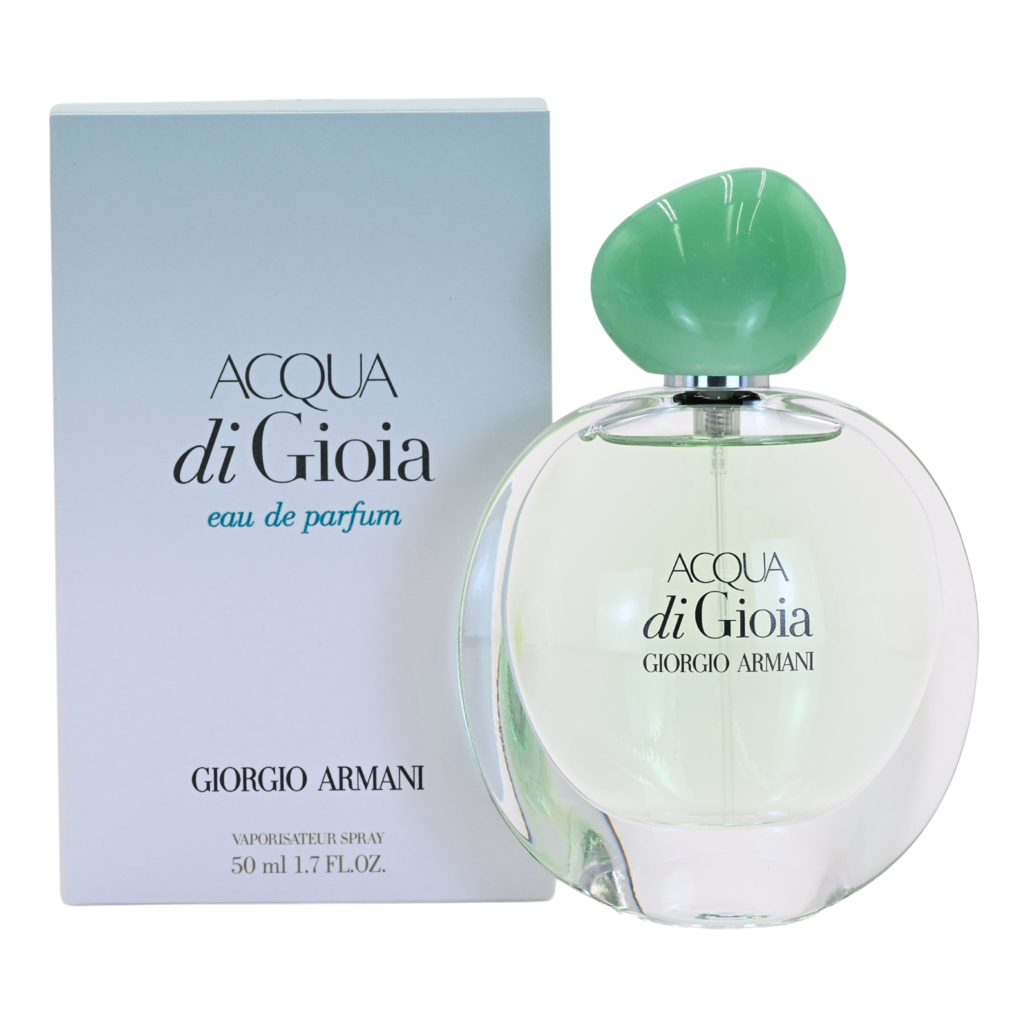 Acqua di Gioia perfume bottle and packaging by Giorgio Armani on a white background