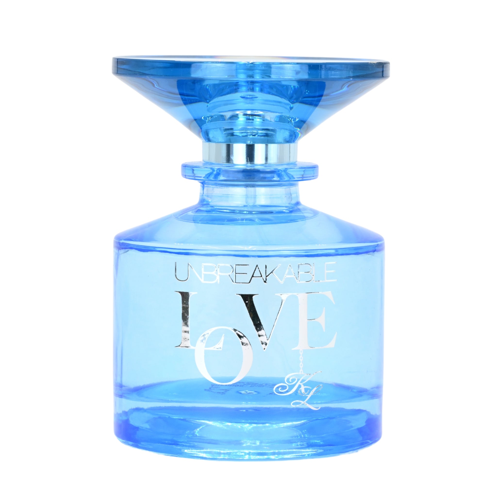 Blue perfume bottle labeled 'Unbreakable Love' on a white background