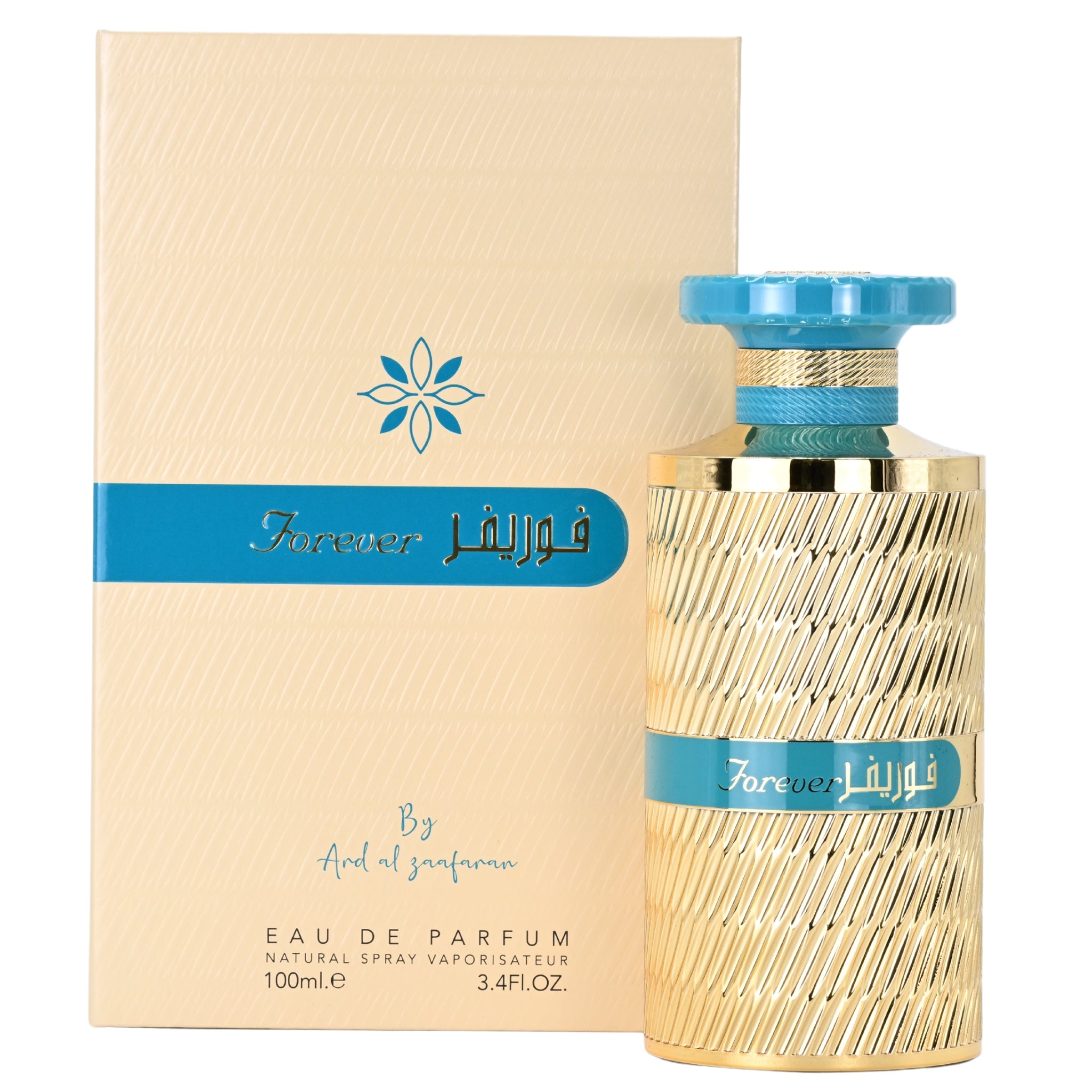 Perfume bottle and packaging with 'Forever' branding on a beige background