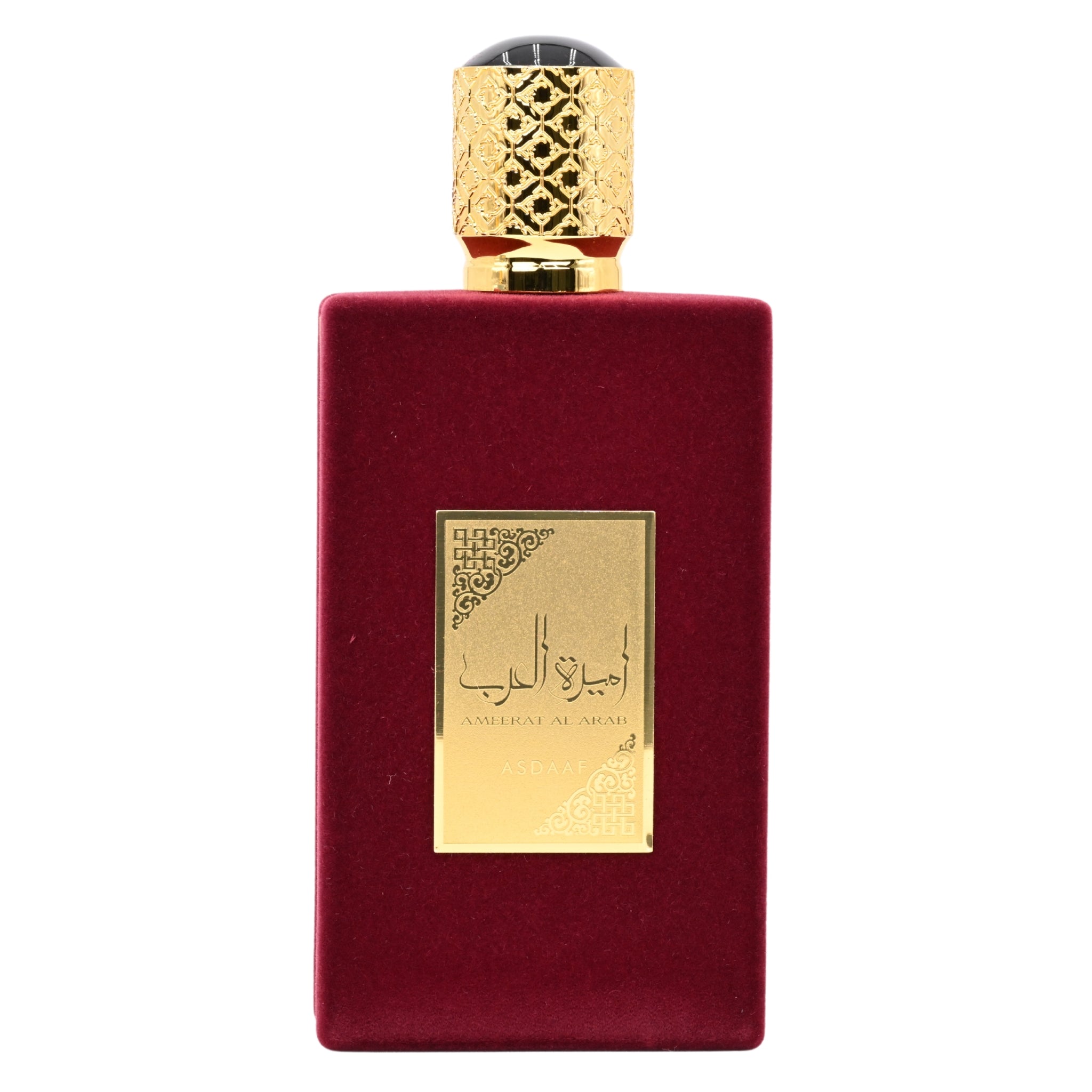 Red perfume bottle with gold cap and label on a white background