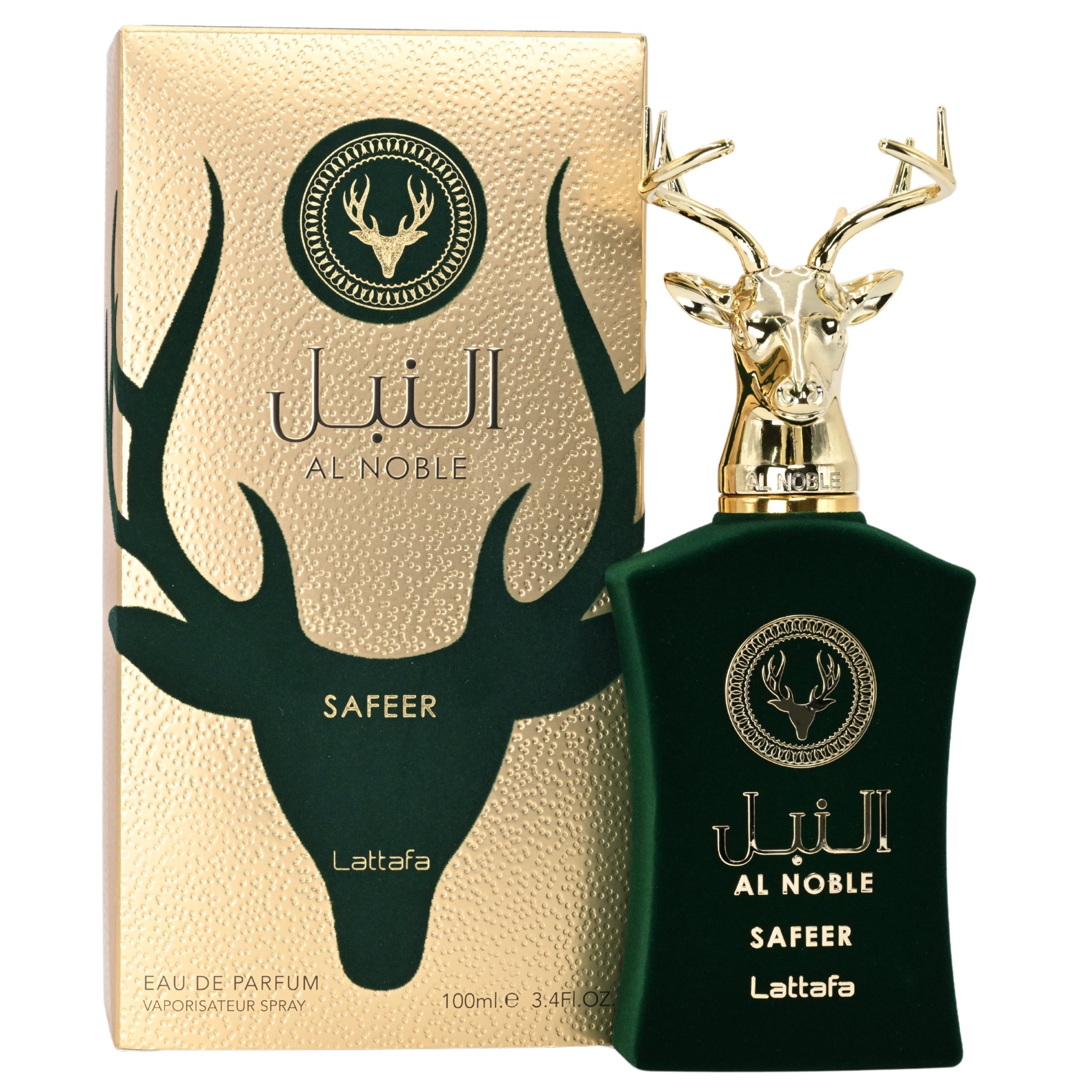 Al Noble Safeer Lattaqa perfume bottle and packaging with gold and green design.