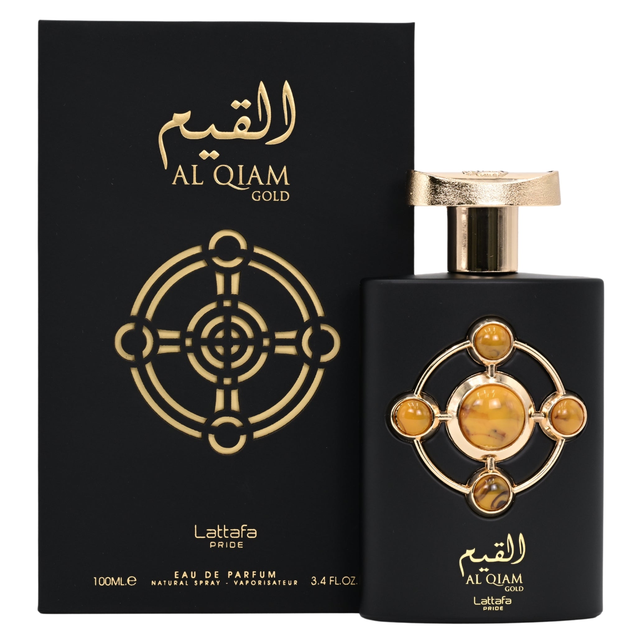 Black perfume bottle with gold design and 'Al Qiam' branding next to a black box with the same branding.