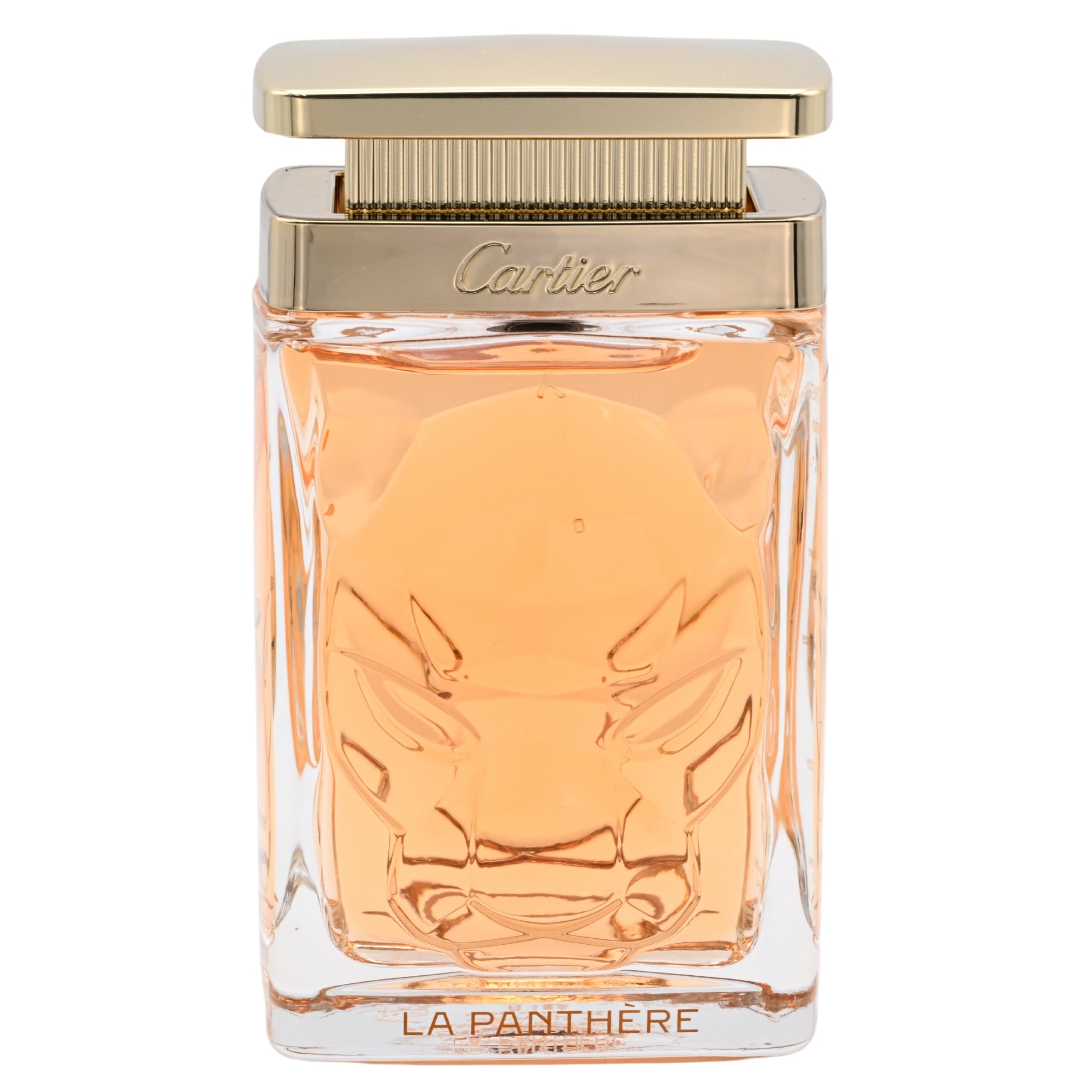Cartier La Panthere perfume bottle on a white background