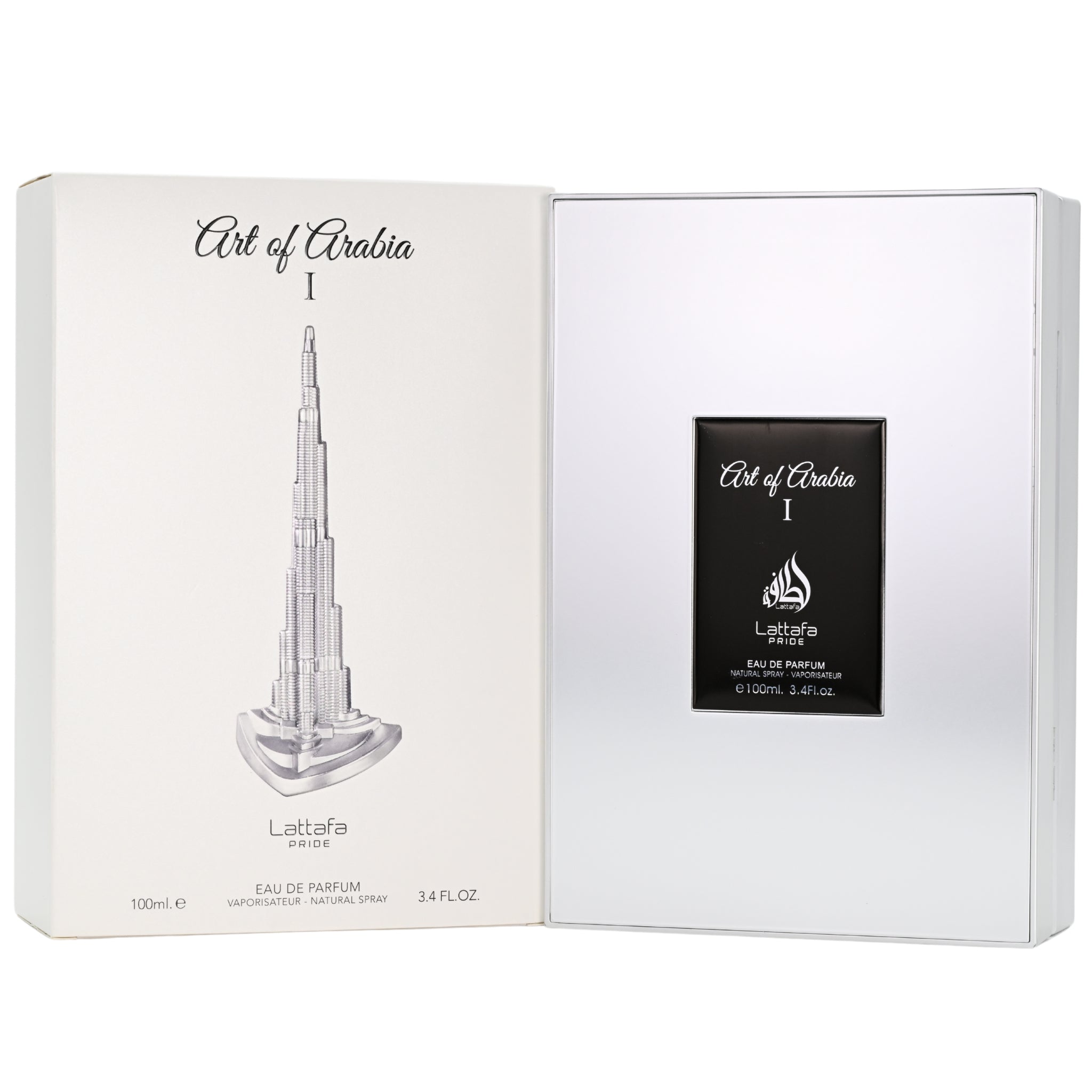 Lattafa Art of Arabia perfume packaging with Burj Khalifa design on a white background