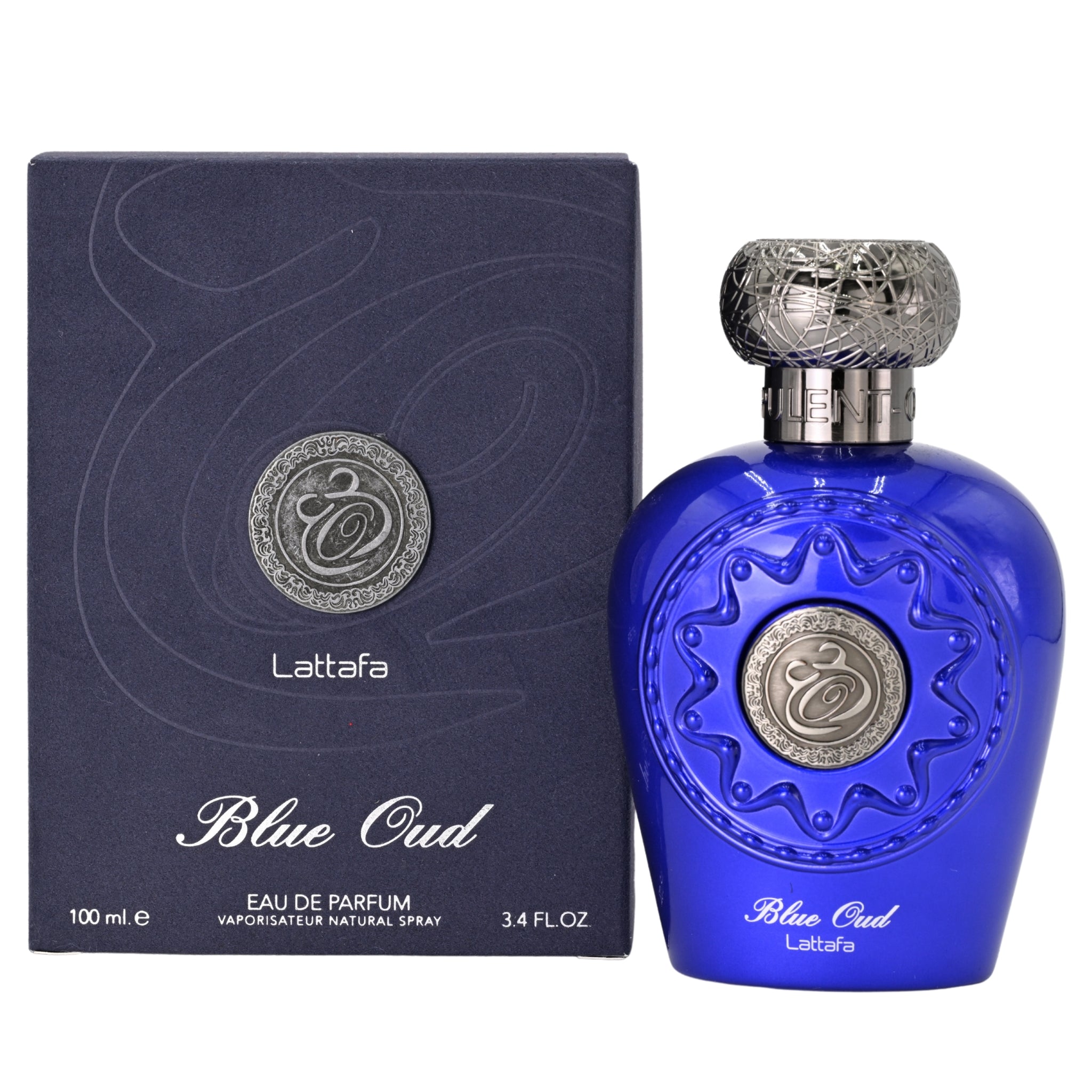 Blue Lattafa Blue Oud perfume bottle and packaging on a white background