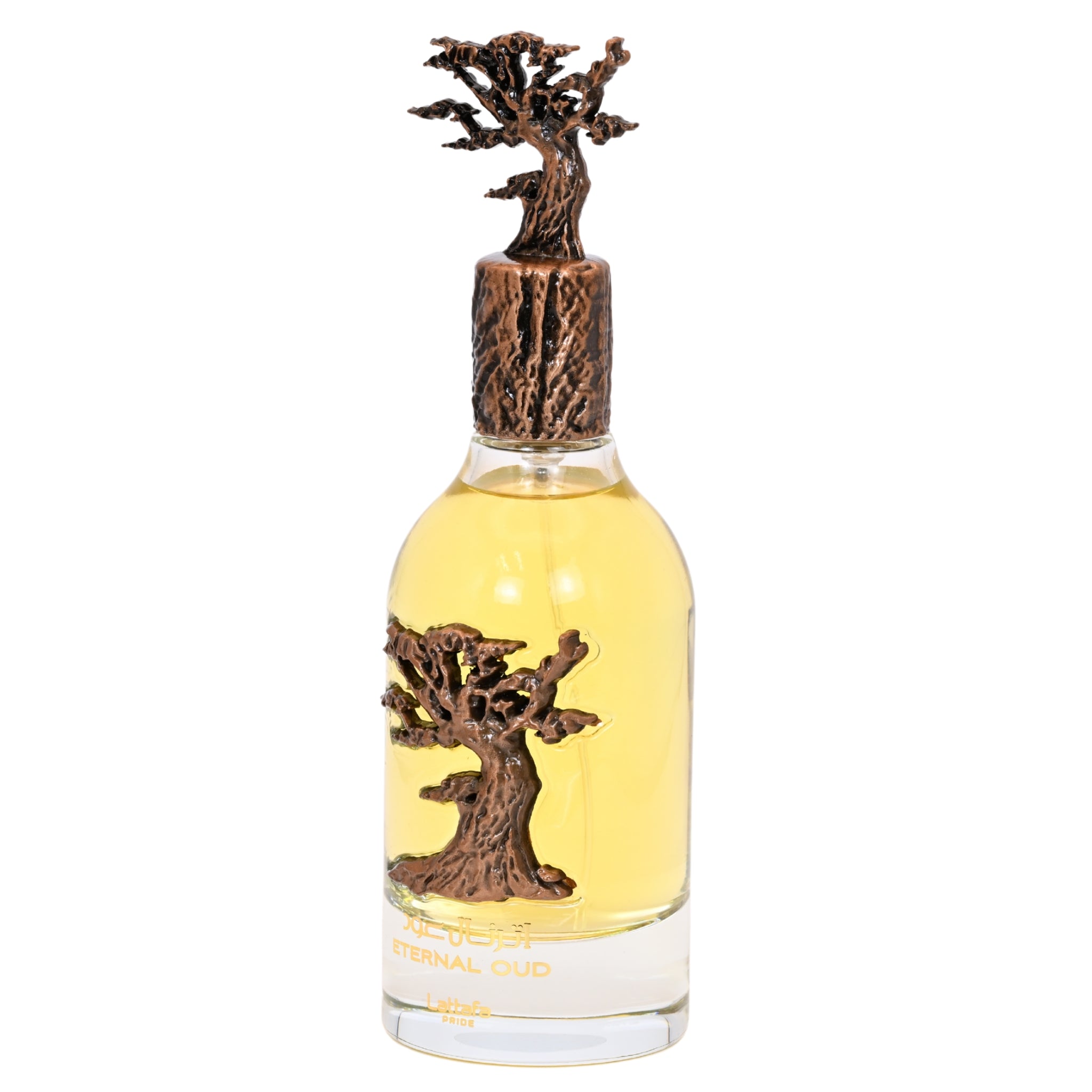 Bottle of yellow liquid with a decorative tree-shaped cap on a white background