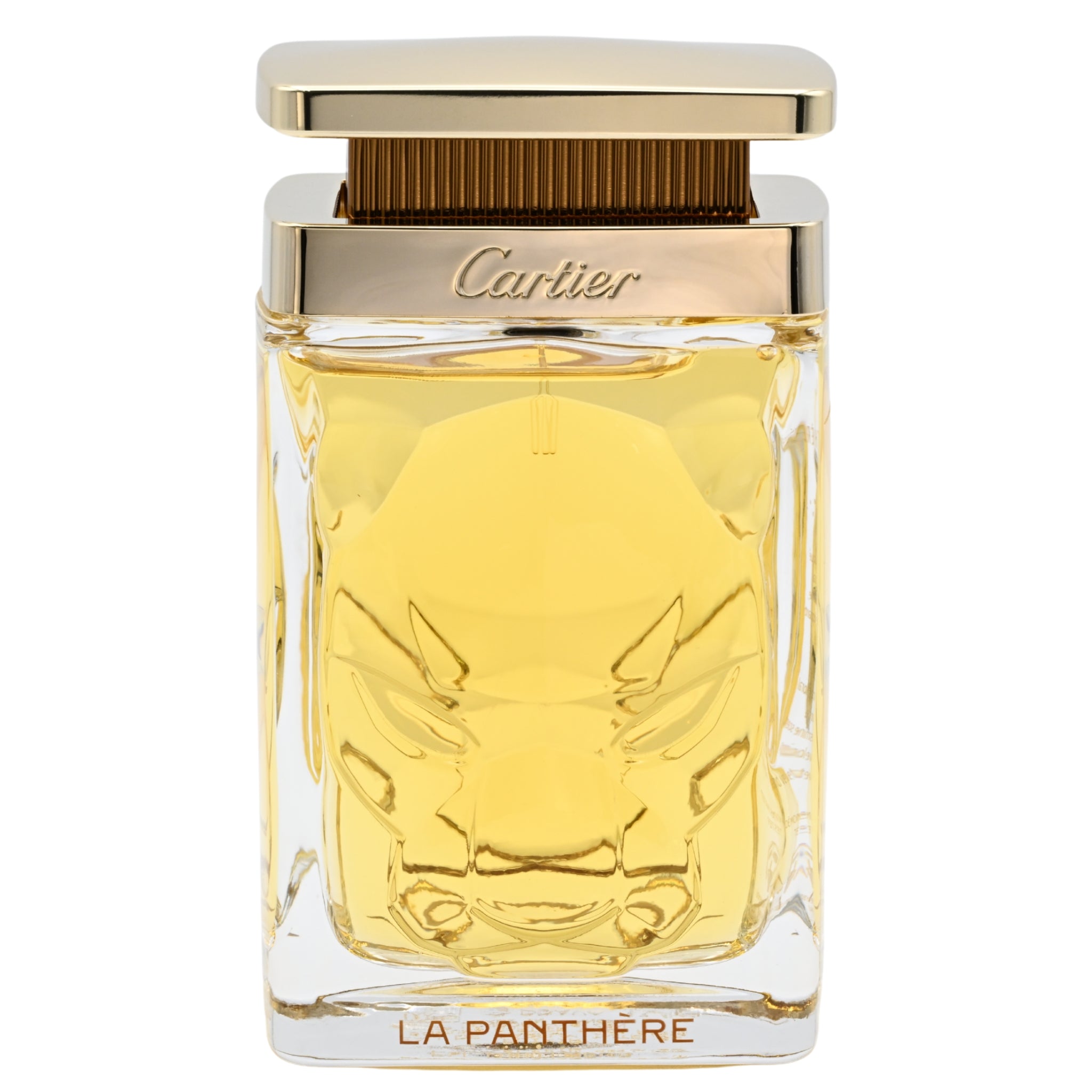 Cartier La Panthere perfume bottle with gold cap on a white background