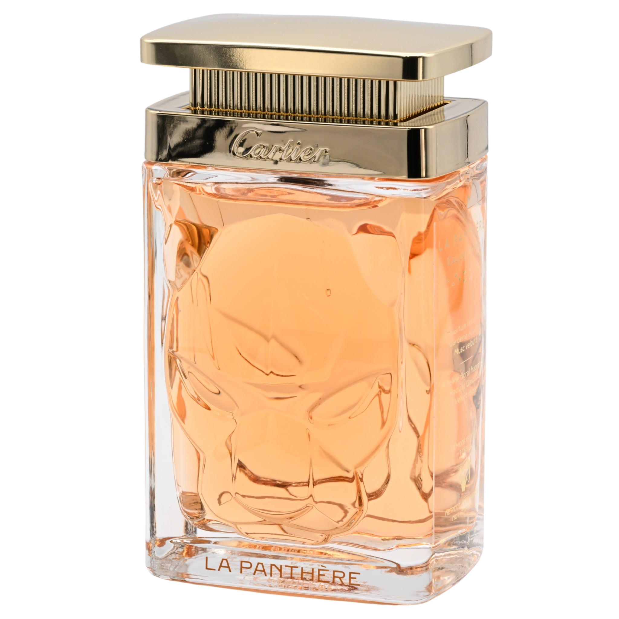 Cartier La Panthere perfume bottle on a white background