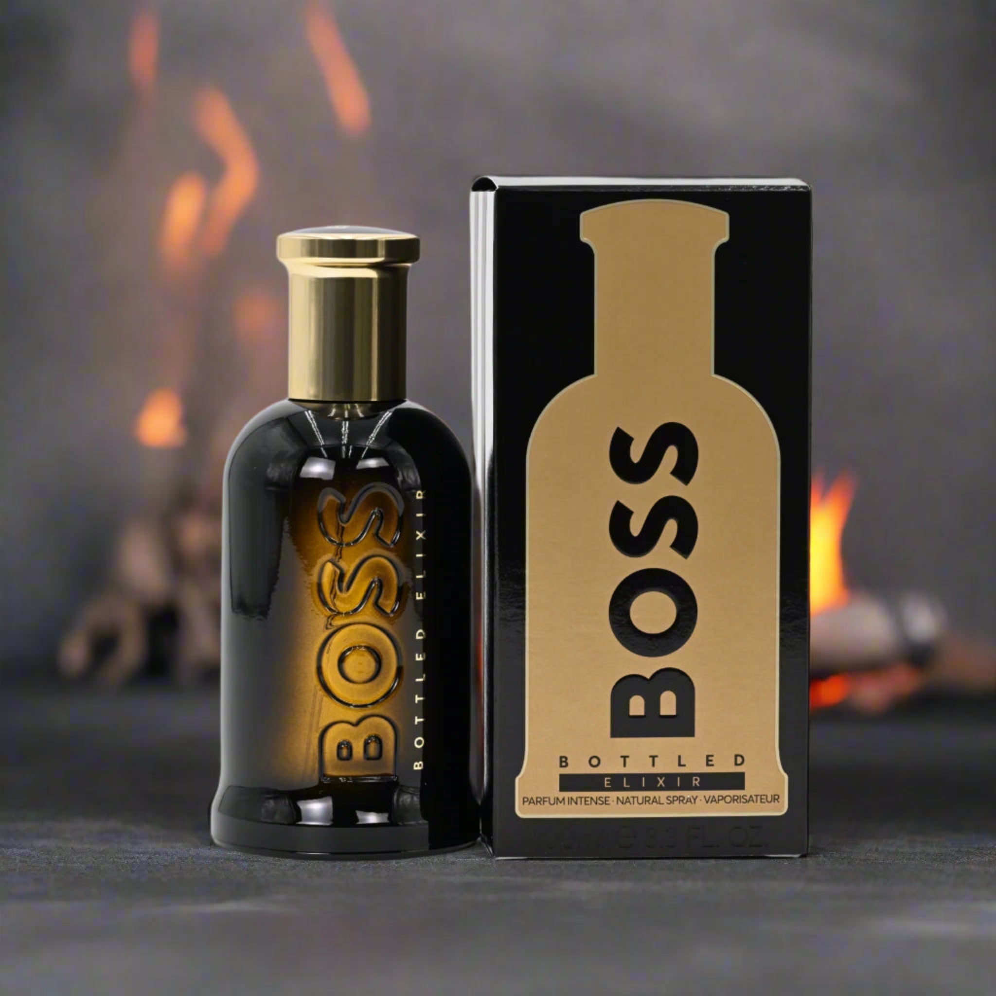 BOSS bottled perfume with packaging against a dark background