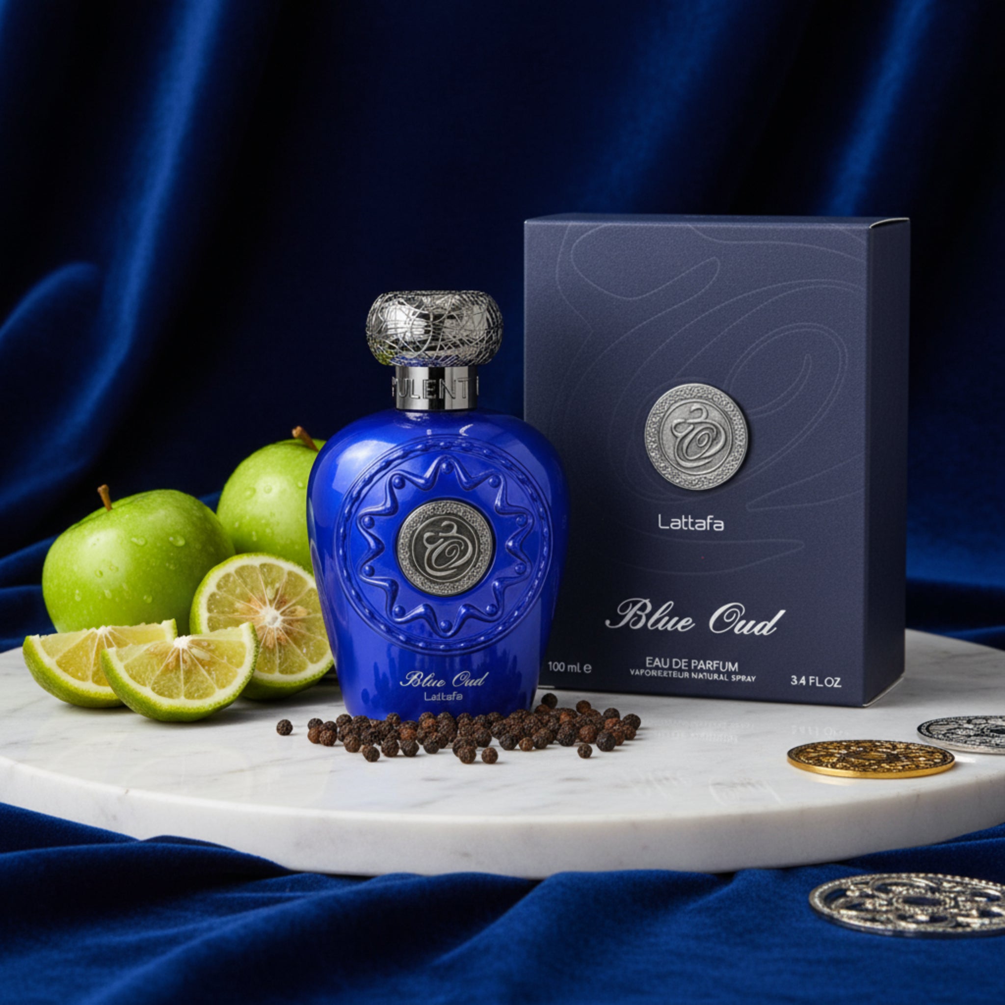 Blue Lattafe perfume bottle and packaging on a white background