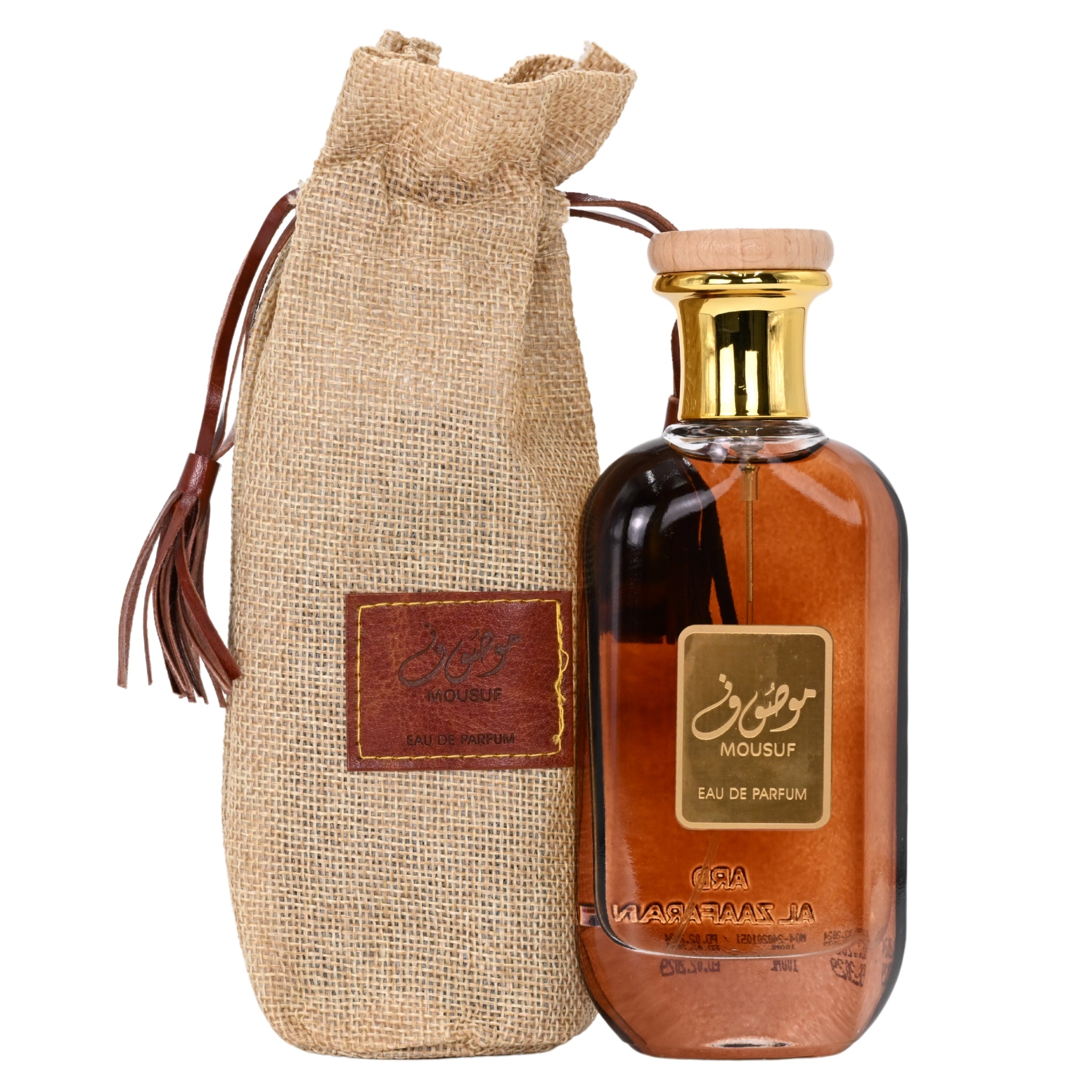 Perfume bottle with a jute bag on a white background