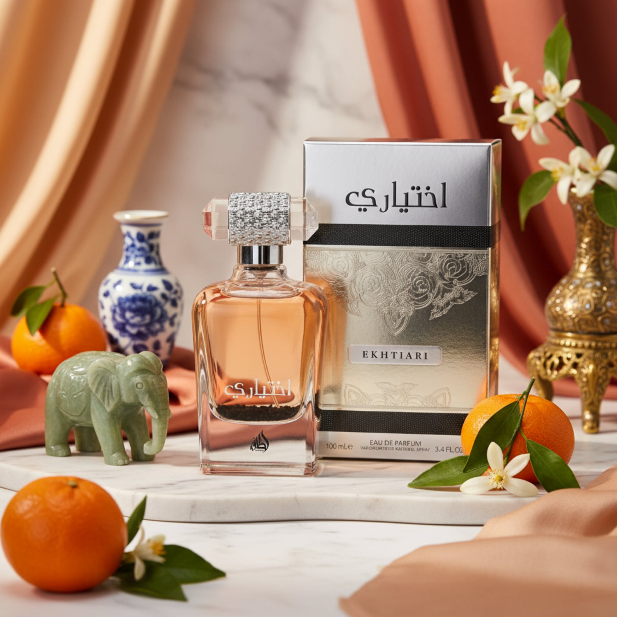 Perfume bottle and packaging of Ekhtiari on a white background