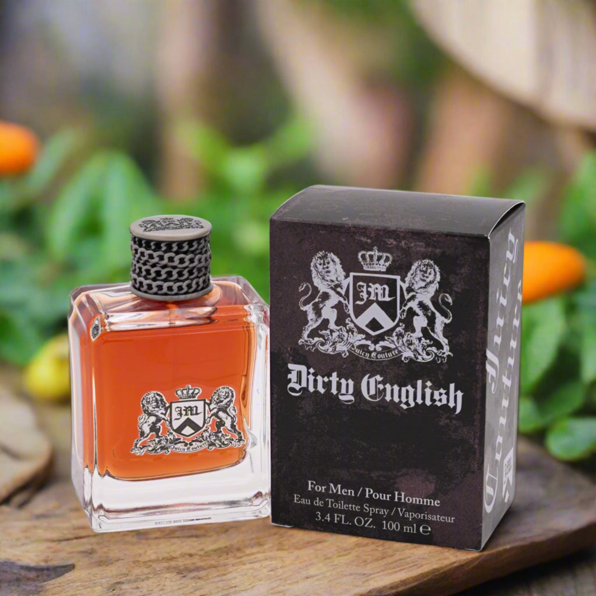 Perfume bottle and packaging of 'Dirty English' on a white background