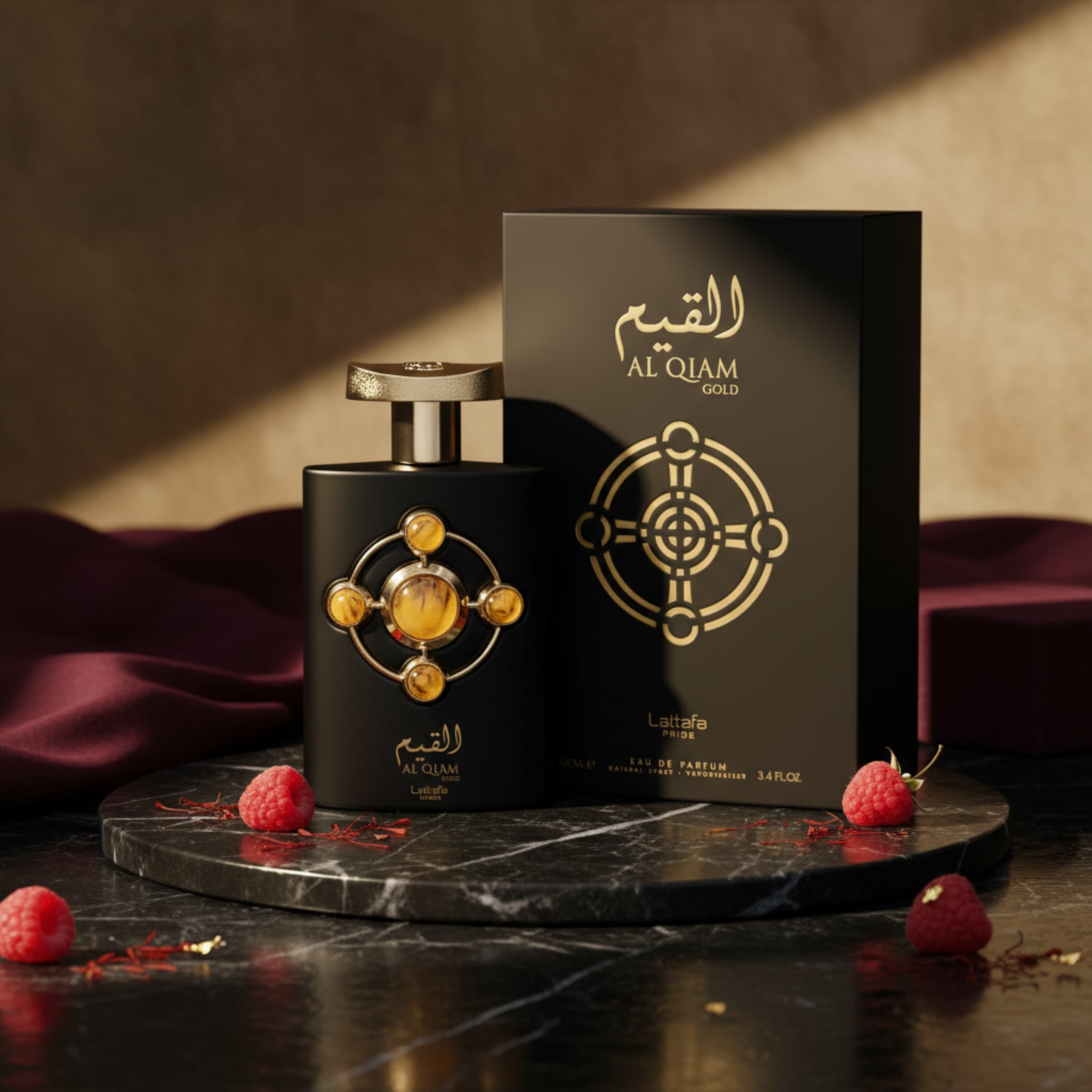 Black perfume bottle and packaging with gold accents on a white background