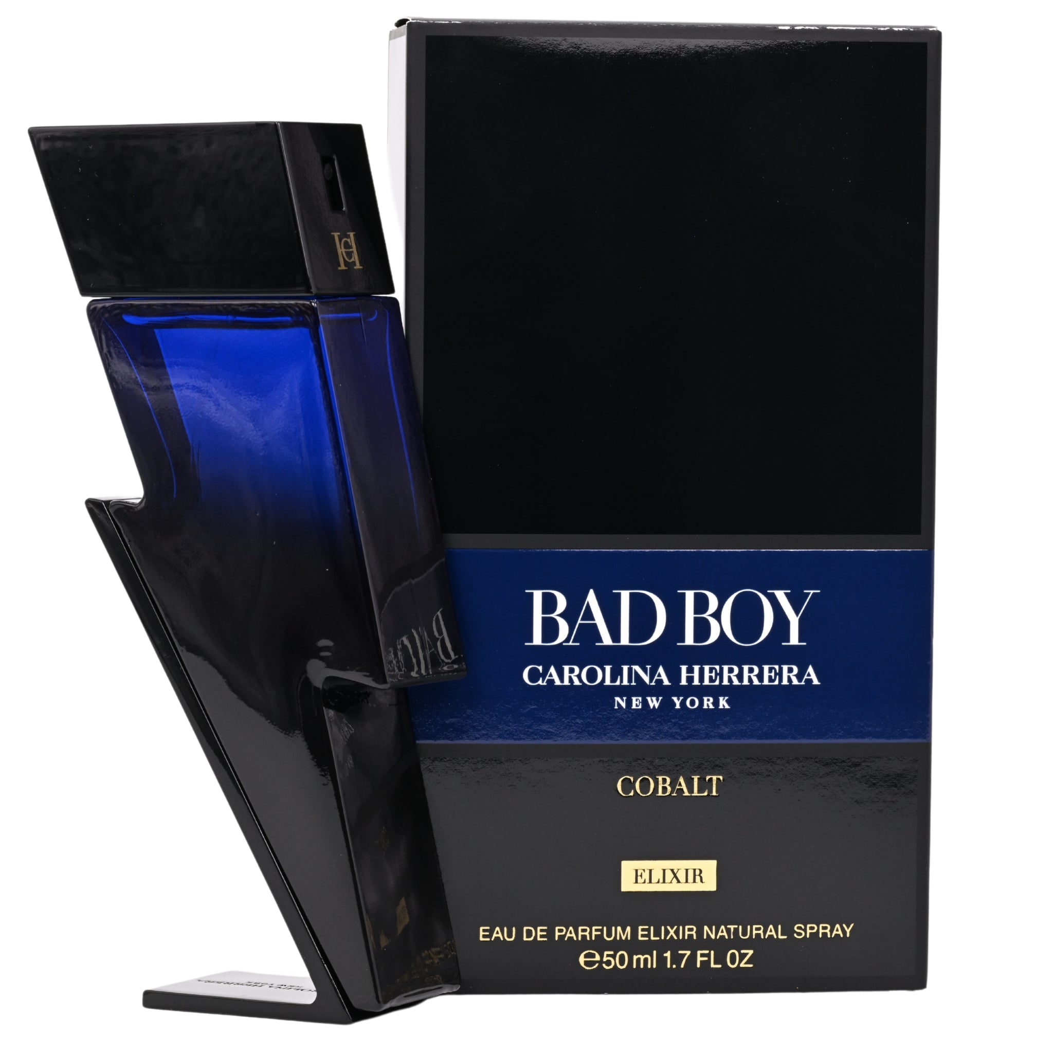 Bad Boy Cobalt Elixir perfume bottle and box on a white background