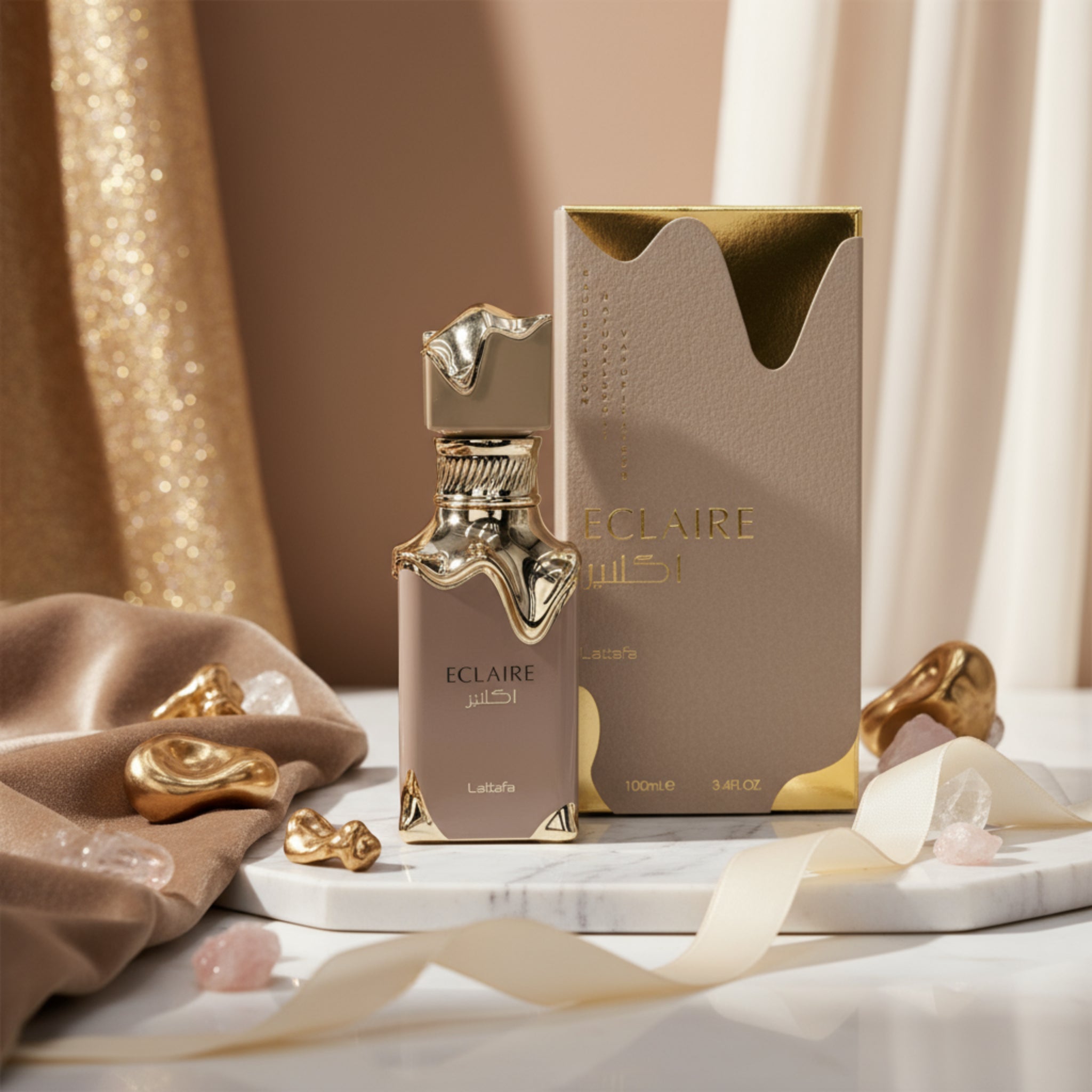 Eclaire perfume bottle and packaging on a white background