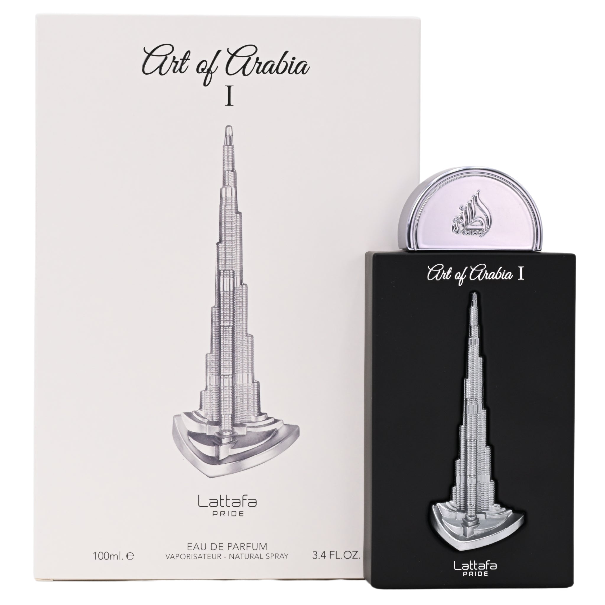 Lattafa Pride 'Art of Arabia I' perfume packaging with Burj Khalifa design.