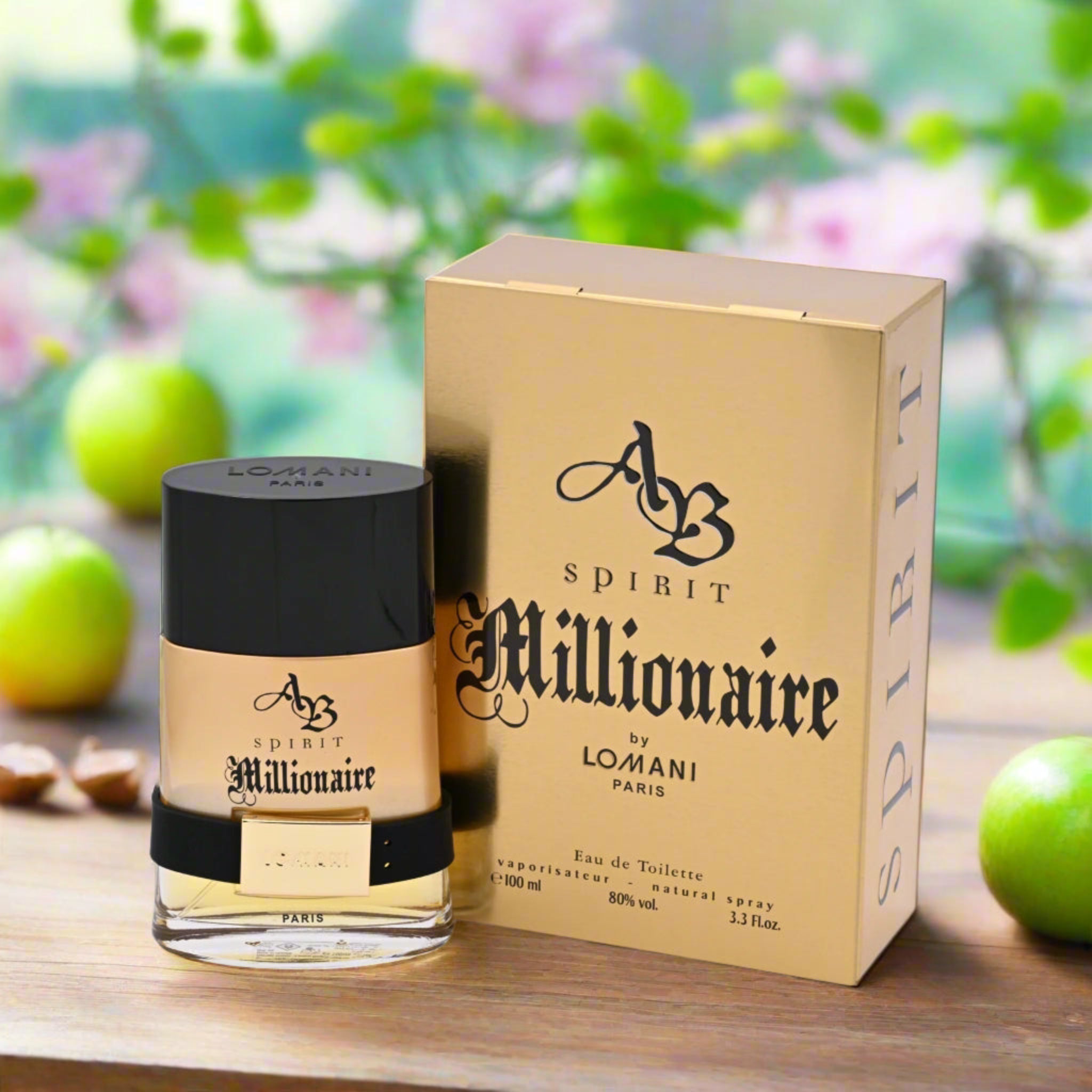 AB Spirit Millionaire perfume bottle and packaging on a wooden surface with blurred greenery in the background