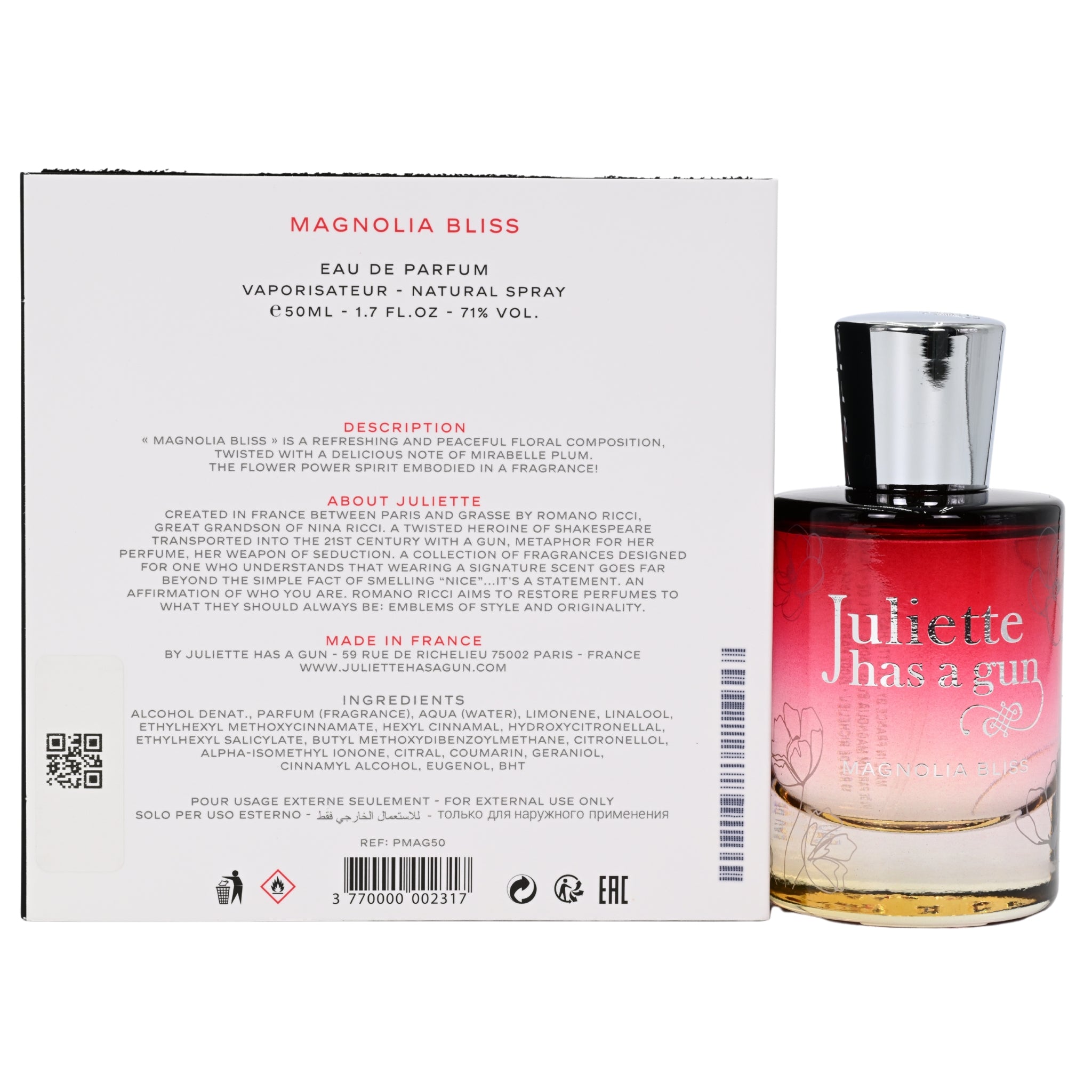 Perfume bottle with packaging labeled 'Juliette has a gun Magnolia Bliss' on a white background