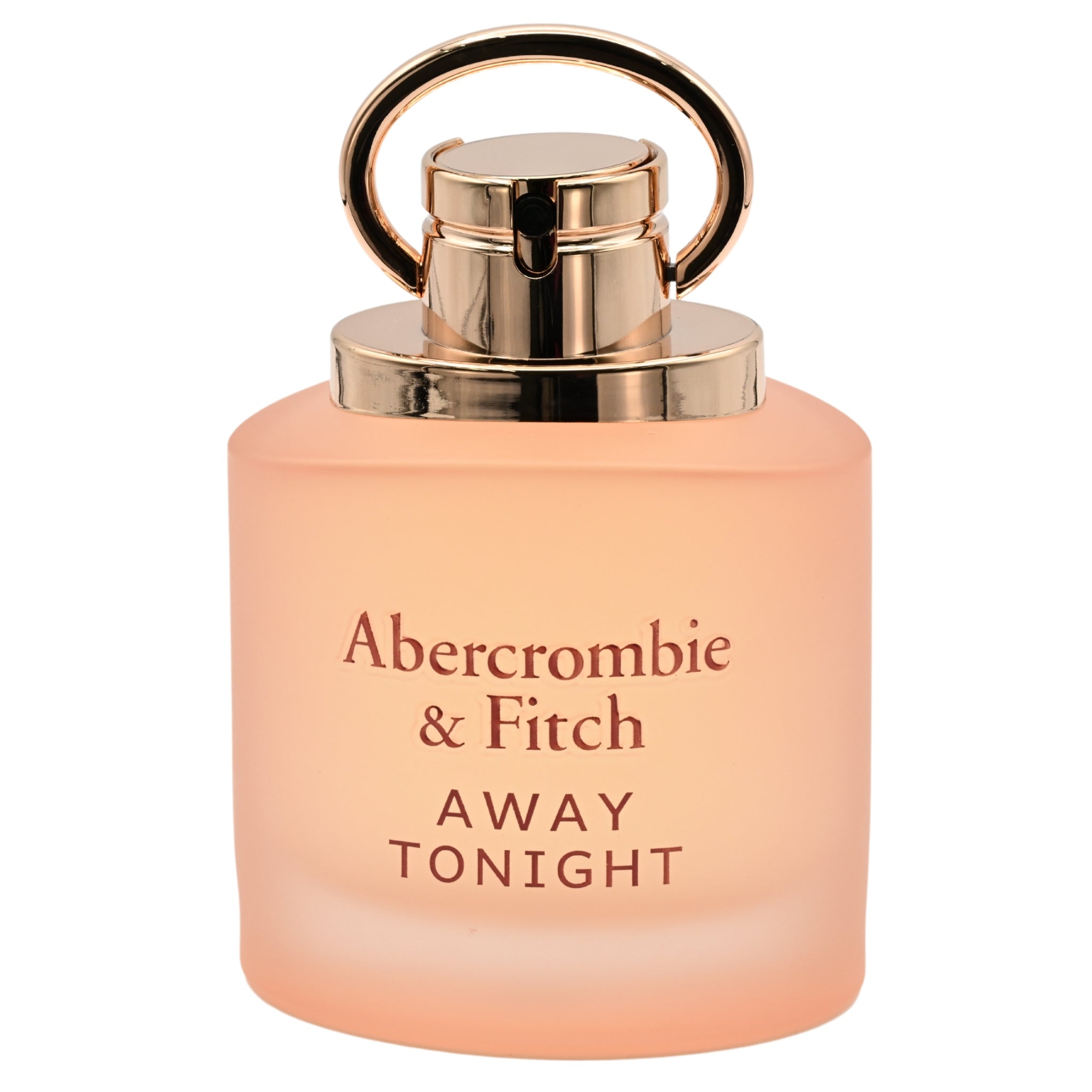 Perfume bottle with gold cap and 'Abercrombie & Fitch Away Tonight' text on a white background