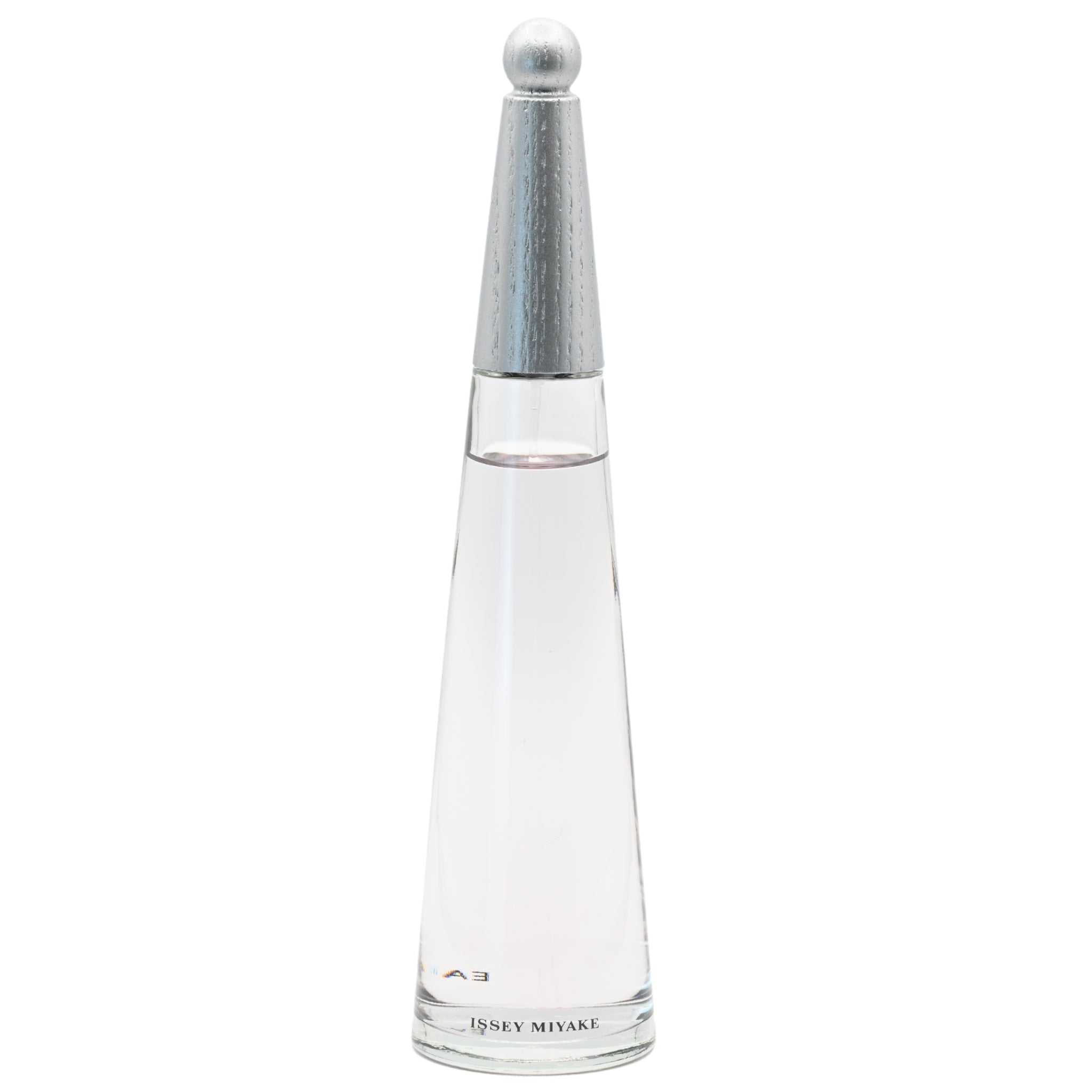 Clear perfume bottle with silver cap on a white background