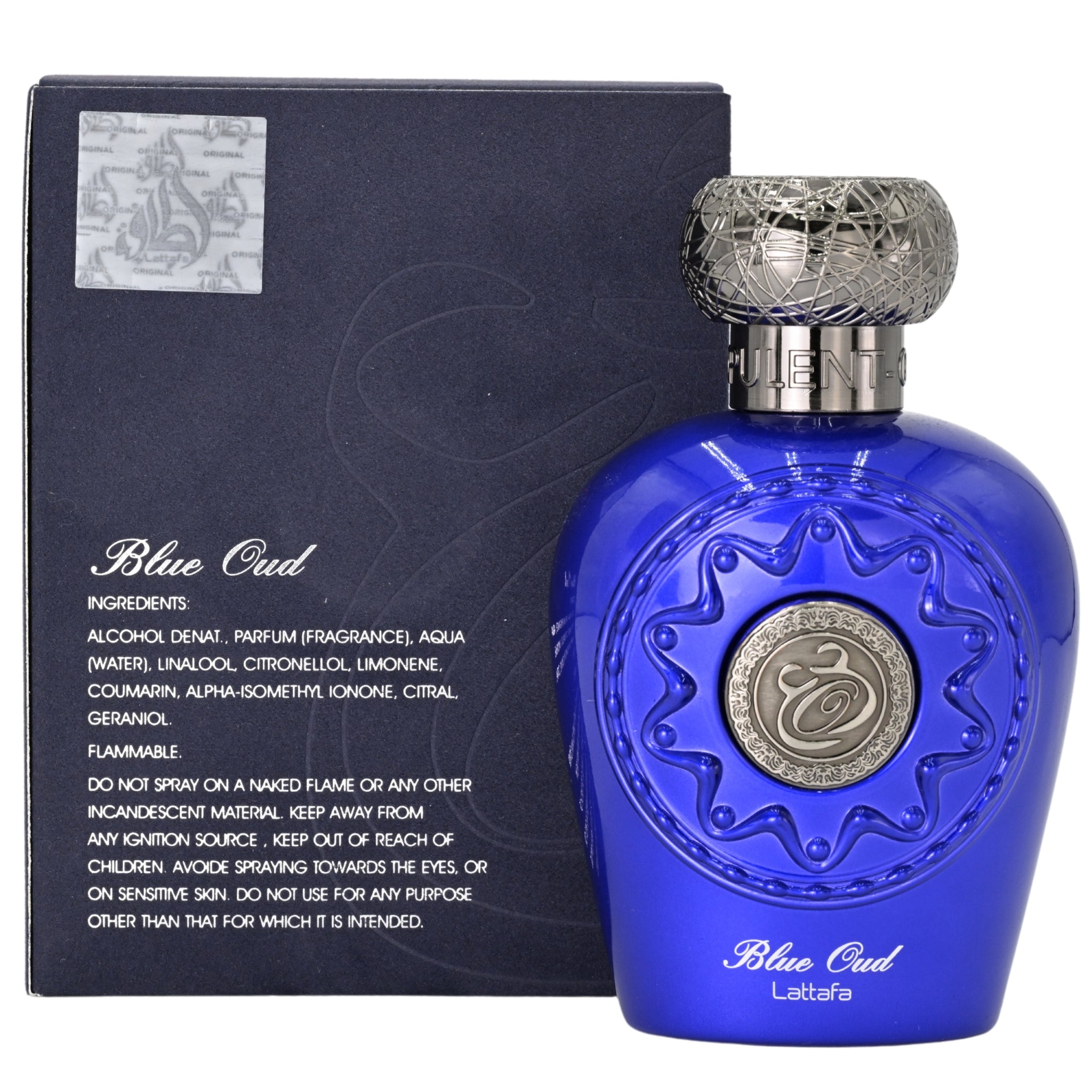 Blue oud perfume bottle with decorative cap and Lattafa branding, next to its packaging.