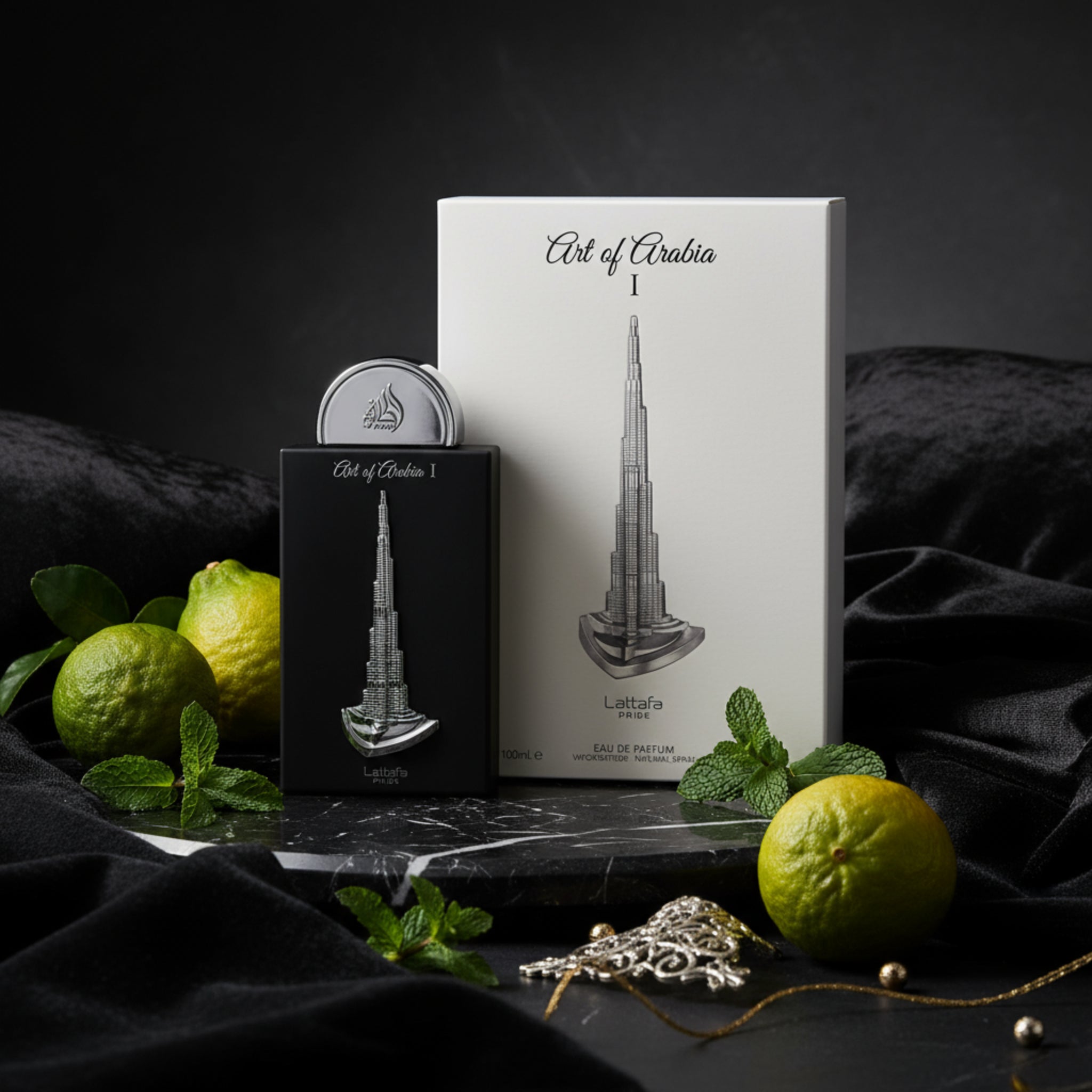 Lattafa perfume with Burj Khalifa design on a white background