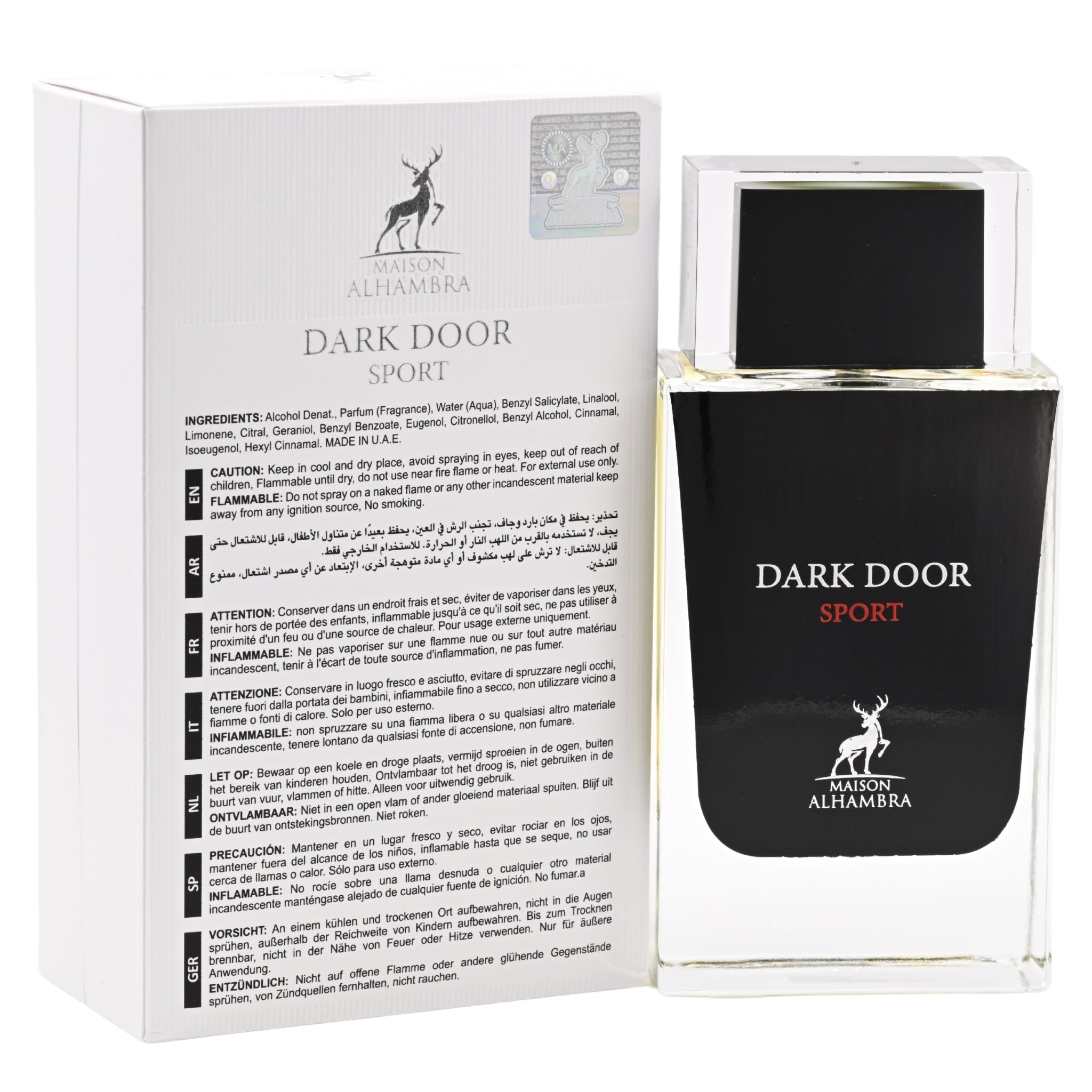 Maison Alhambra Dark Door Sport perfume bottle and packaging on a white background