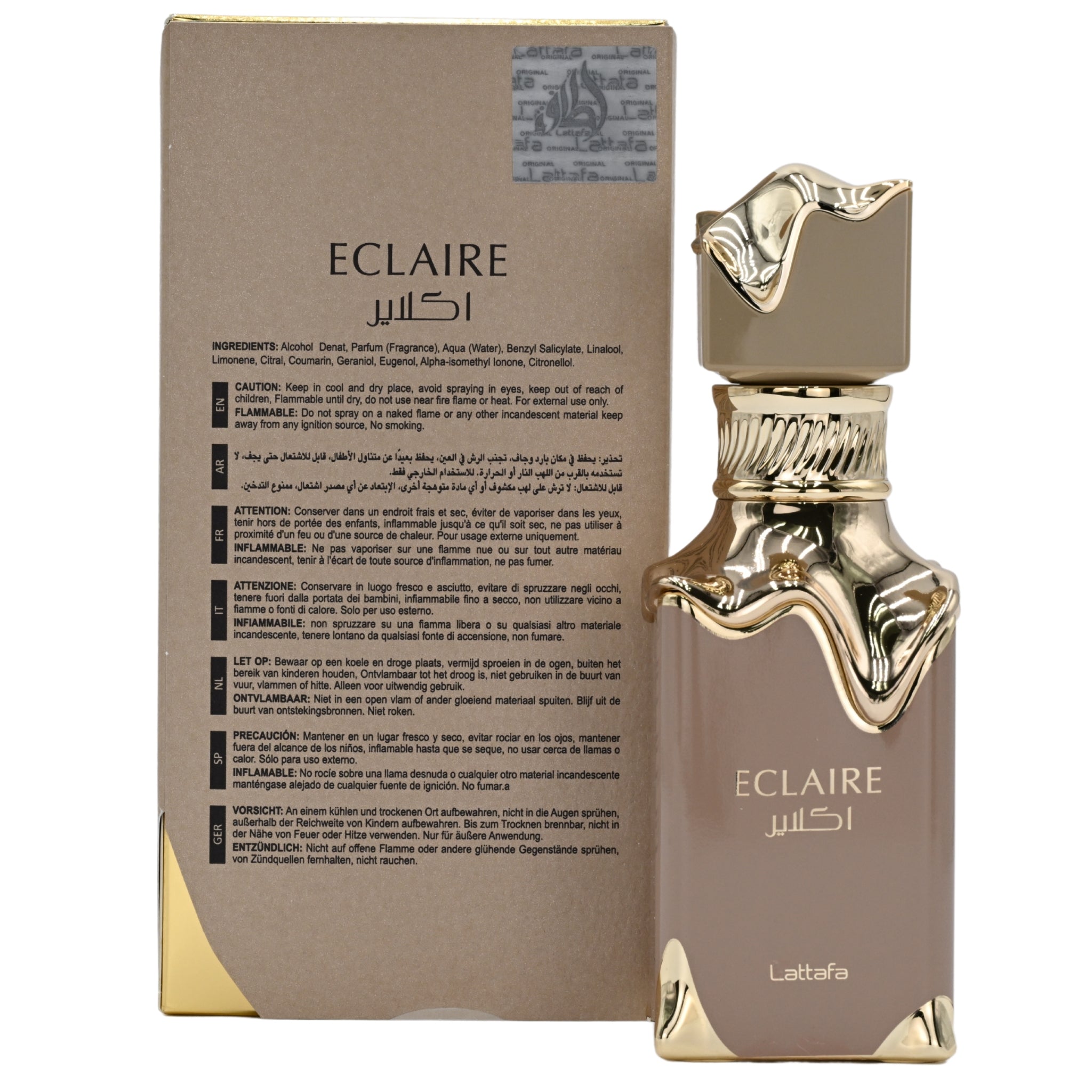 Eclaire perfume bottle and packaging on a white background