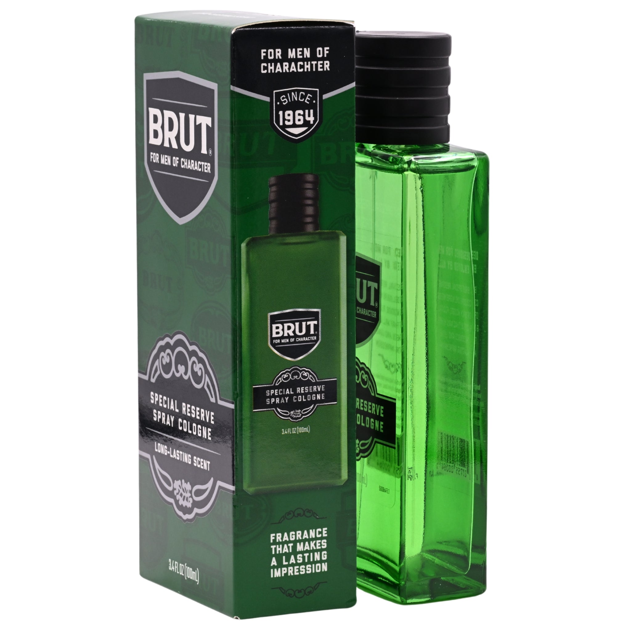 Brut cologne bottle and packaging on a white background