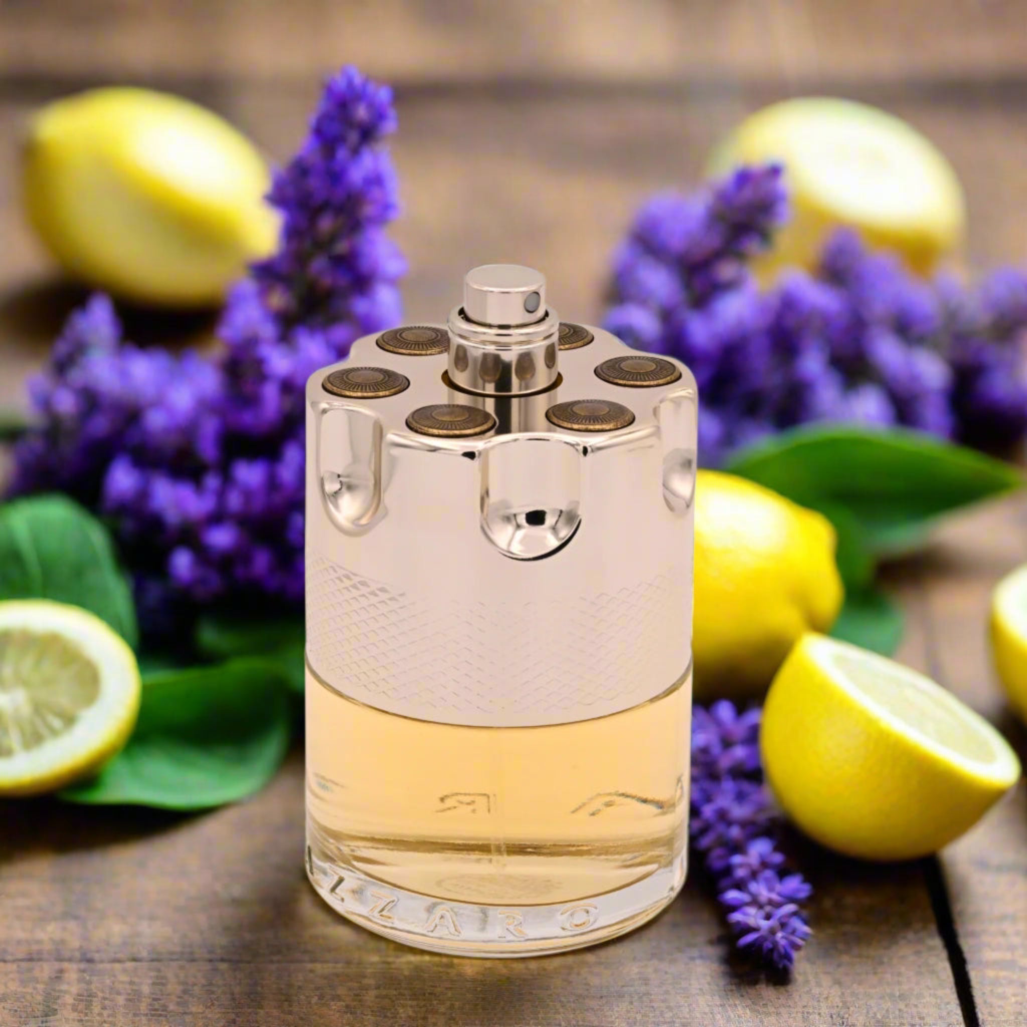Perfume bottle with a metallic cap on a white background