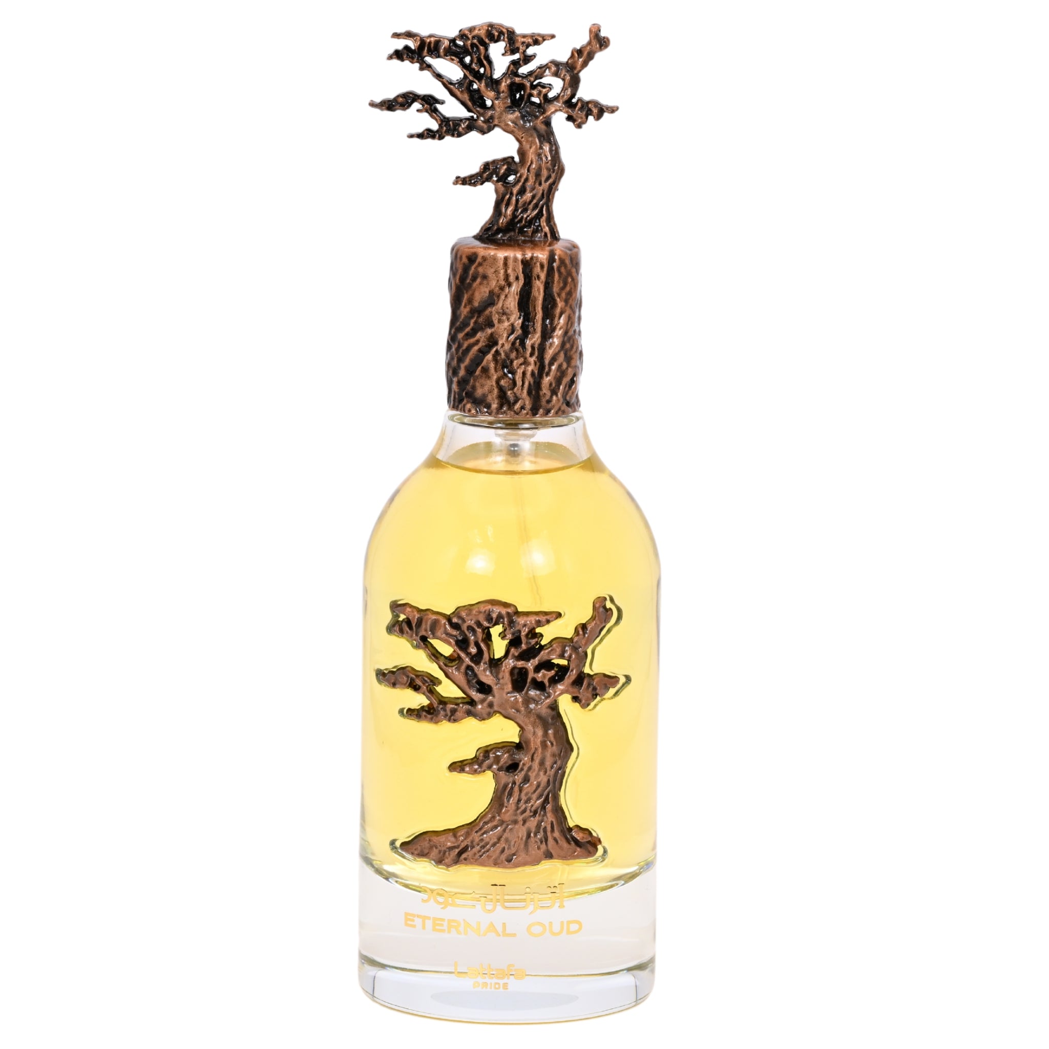 Bottle of olive oil with a decorative tree design on a white background