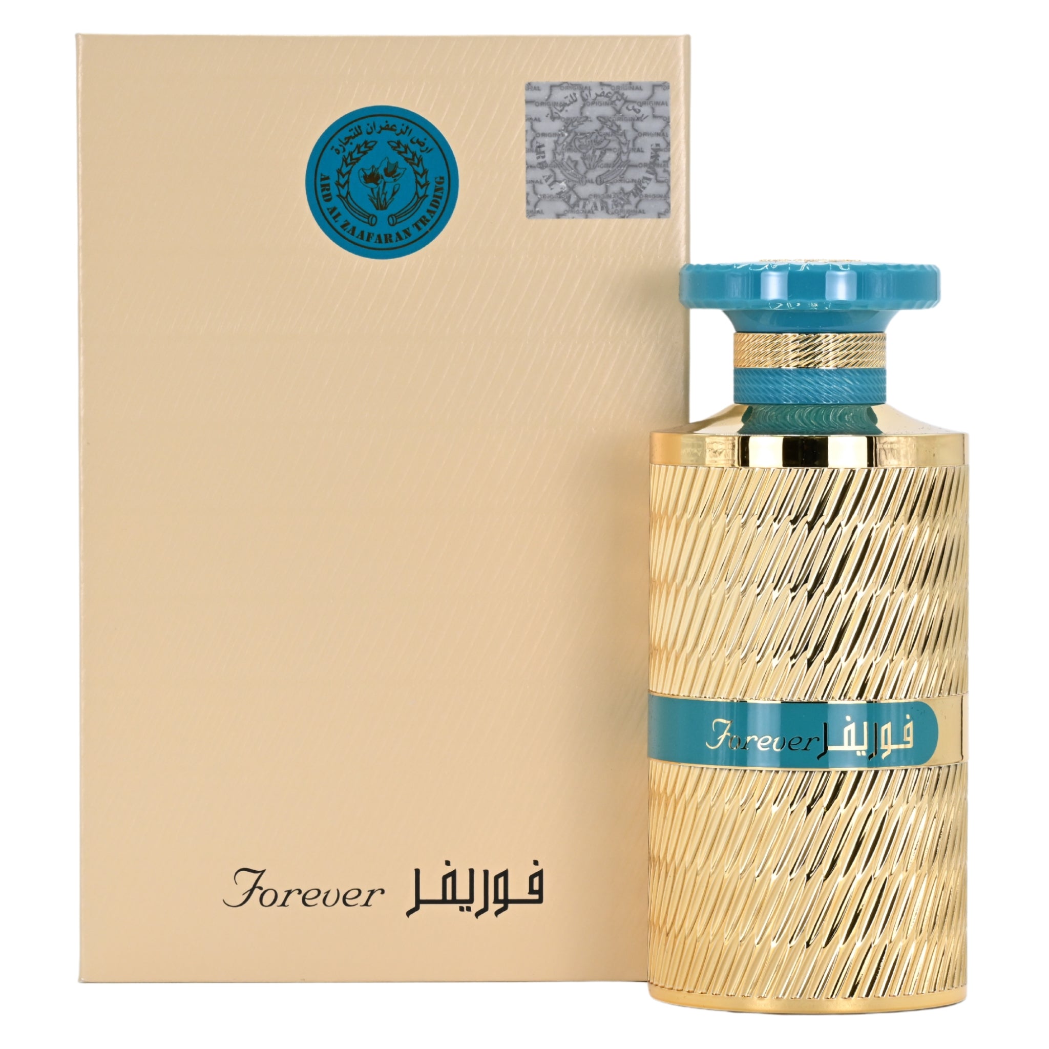 Perfume bottle with gold and blue design next to a beige box labeled 'Forever' on a white background