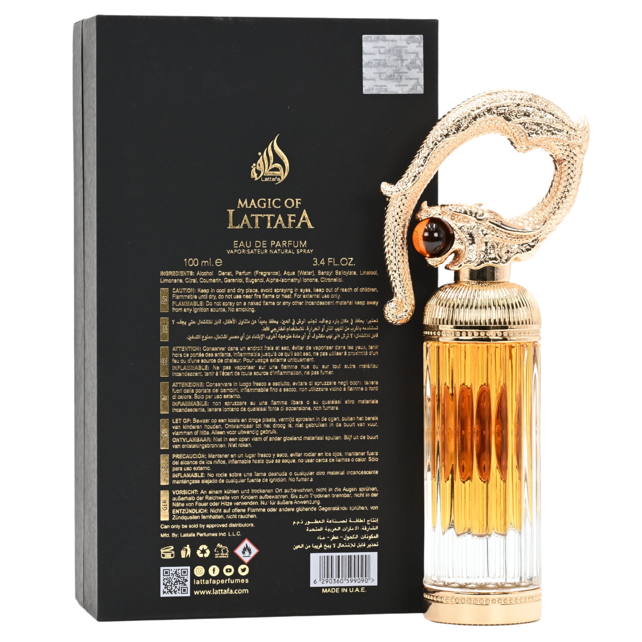 Perfume bottle with gold cap and black packaging featuring 'Magic of Lattafa' branding.