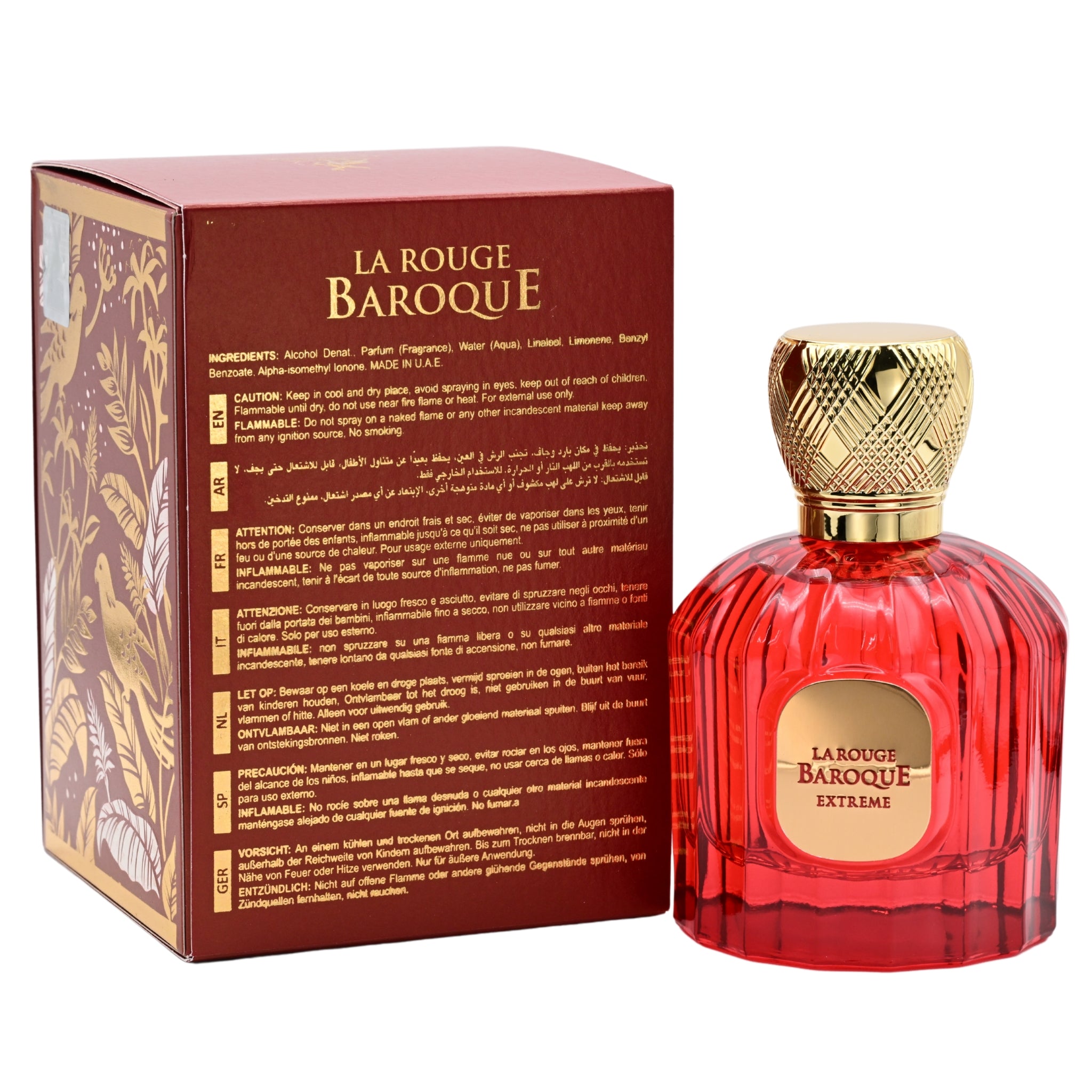 Red perfume bottle with gold cap and decorative box labeled 'La Rouge Baroque Extreme' on a white background.