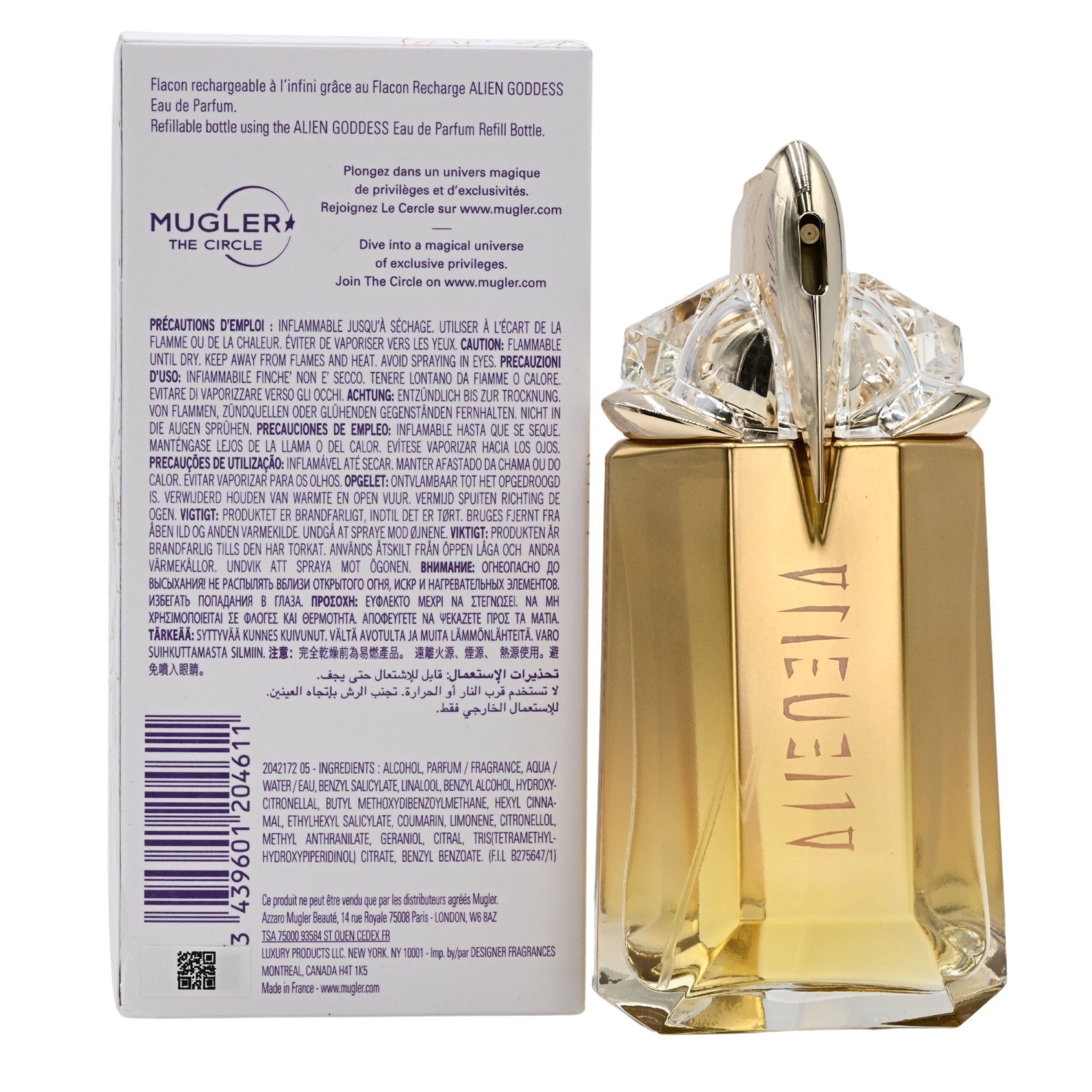 Mugler Alien Goddess perfume bottle with packaging on a white background