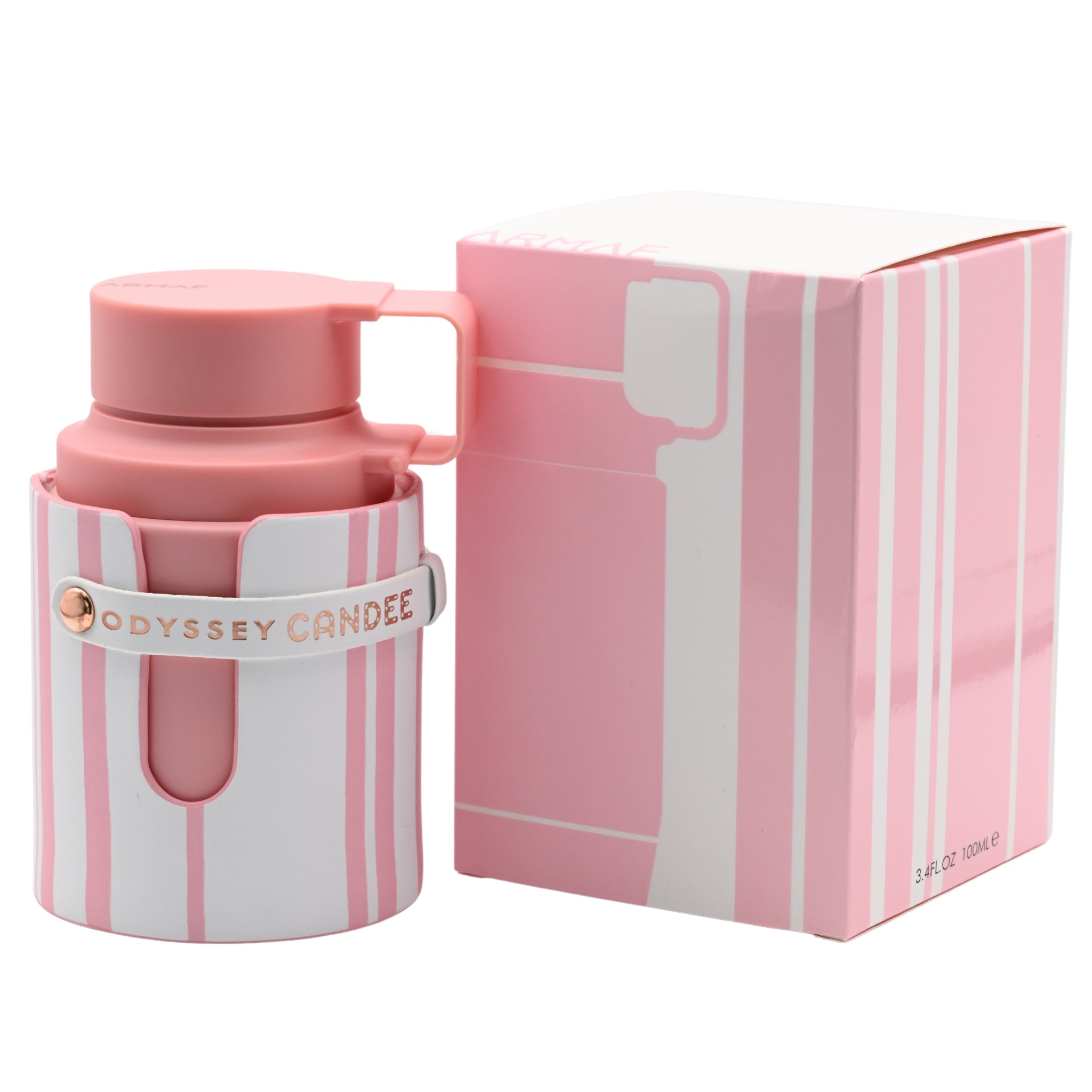 Pink and white striped container with lid and matching box on a white background