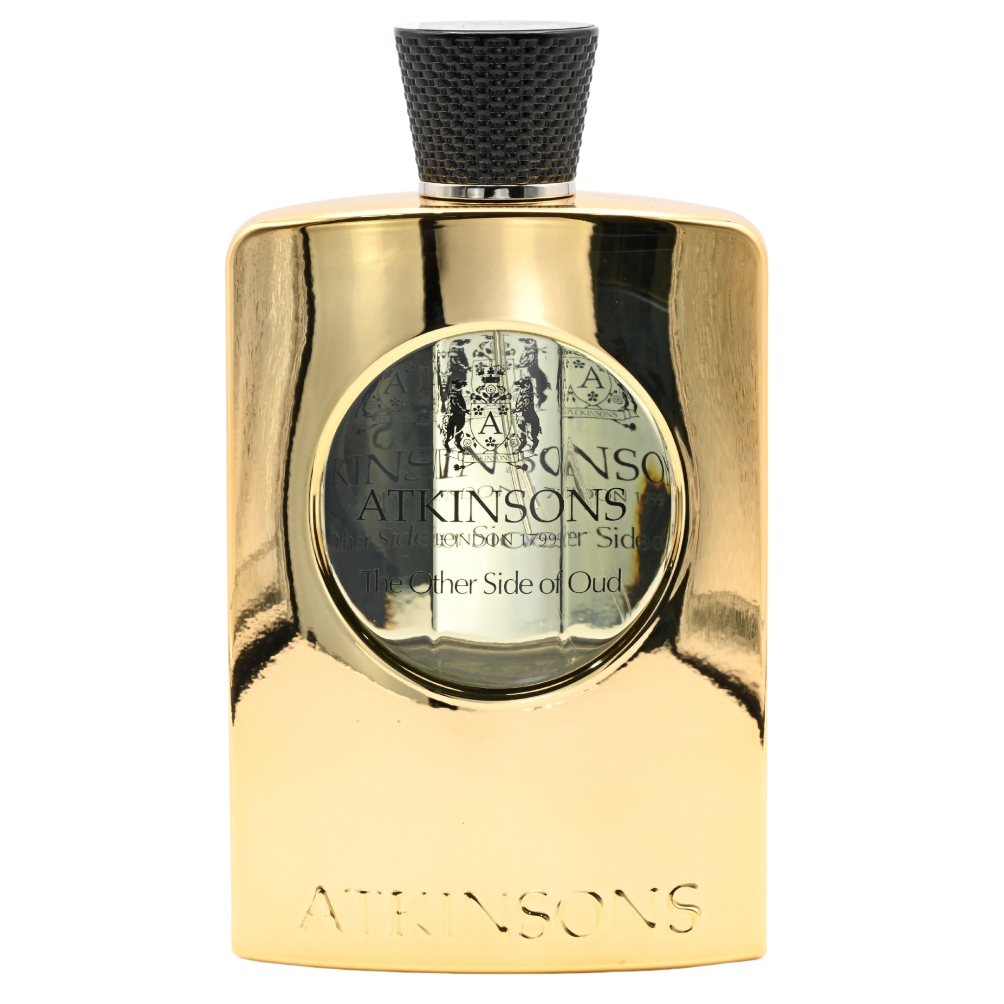 Gold Atkinsons perfume bottle on a white background