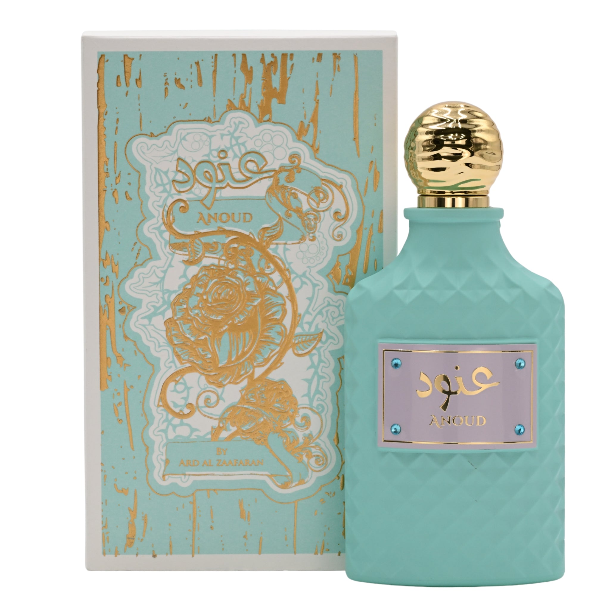 Teal perfume bottle with gold cap and decorative packaging on a white background