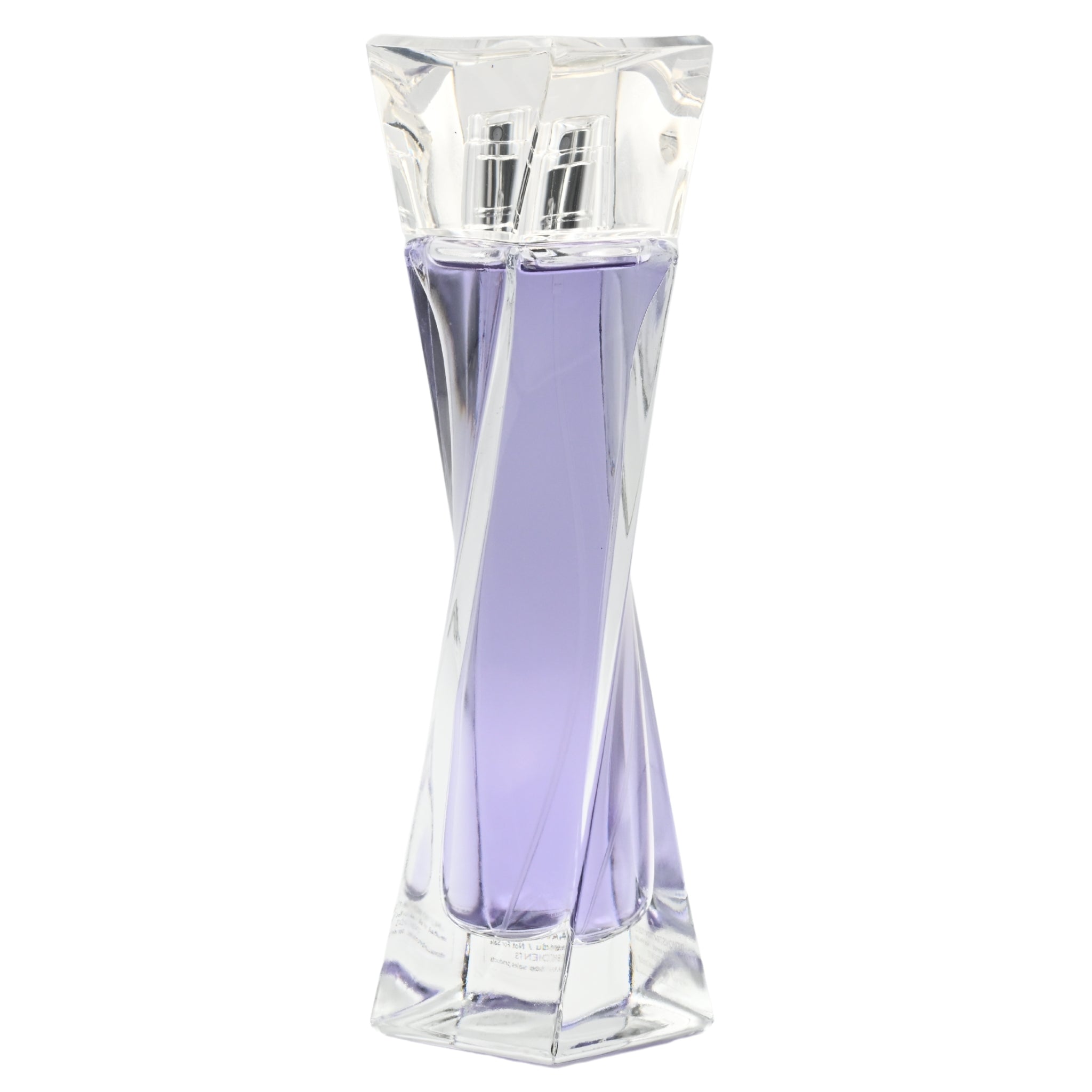 Clear glass perfume bottle with a purple liquid on a white background