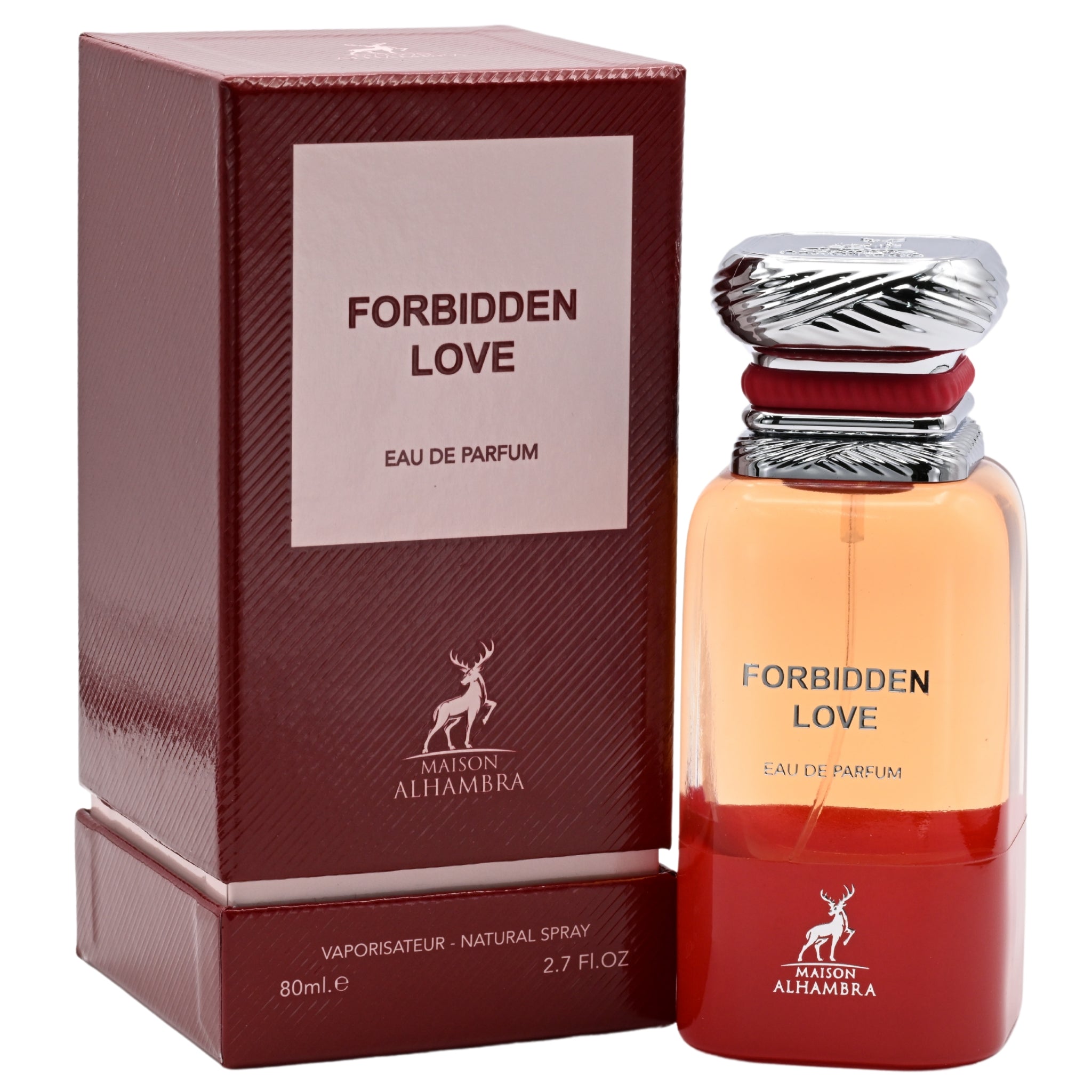 Maison Alhambra Forbidden Love perfume bottle and packaging on a white background