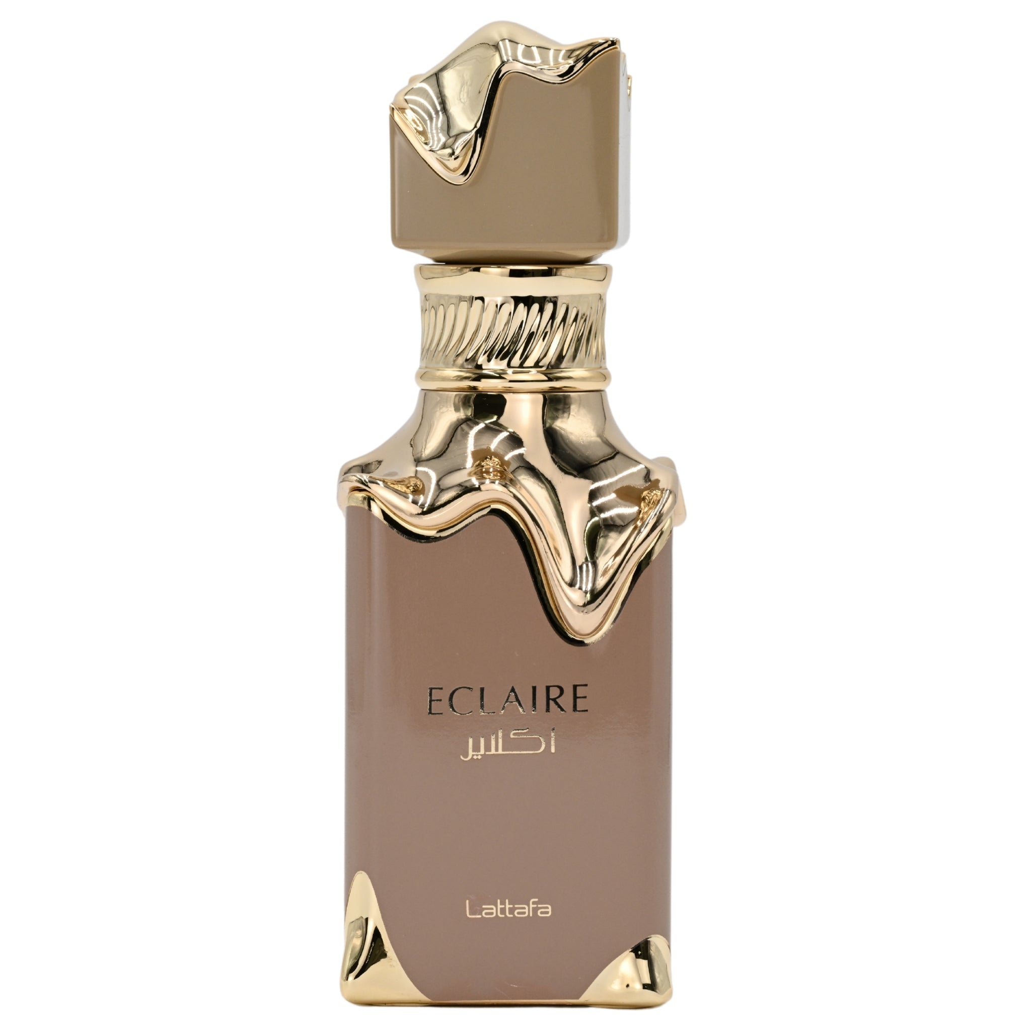 Lattaafa Eclaire perfume bottle with gold cap and base on a white background